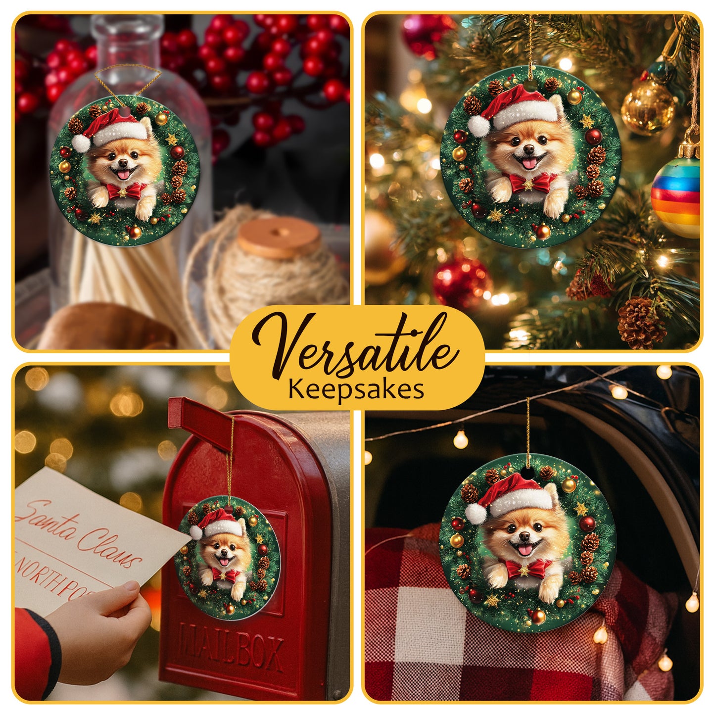 Netecom Cute Pomeranian Christmas Ornament, Dog Santa Hat Ceramic Ornament for Xmas Tree Hanging Decorations Gift, Puppy Lover Gifts, Home Decor, Holiday Party Present
