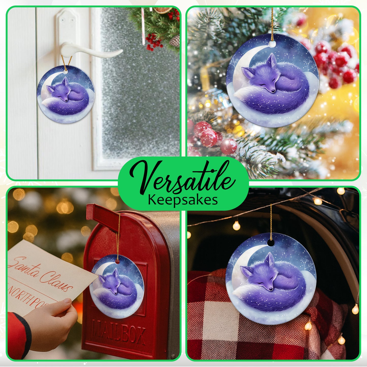 Netecom Cute Purple Fox Sleeping on Moon Christmas Ornaments, Ceramic Snow Scene Keepsake Ornament for Christmas Tree Decorations, Fox Lover Gift, Gifts for Holiday, Party, Home Decor