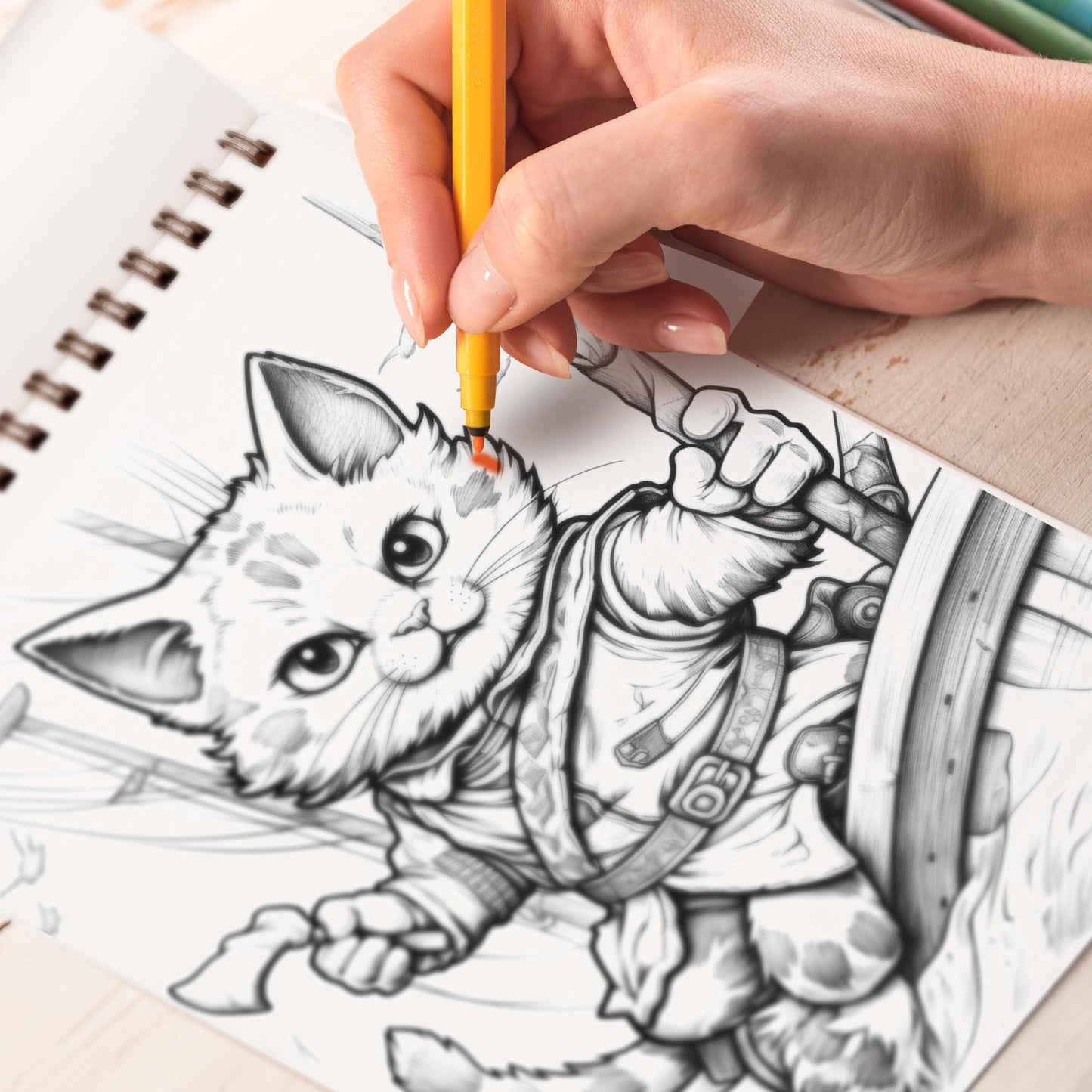 Pirate Cat Spiral Bound Coloring Book, 30 Charming Pages for Coloring Enthusiasts to Embrace the Shadows, Textures, and Details of the Pirate Cat's Adventures