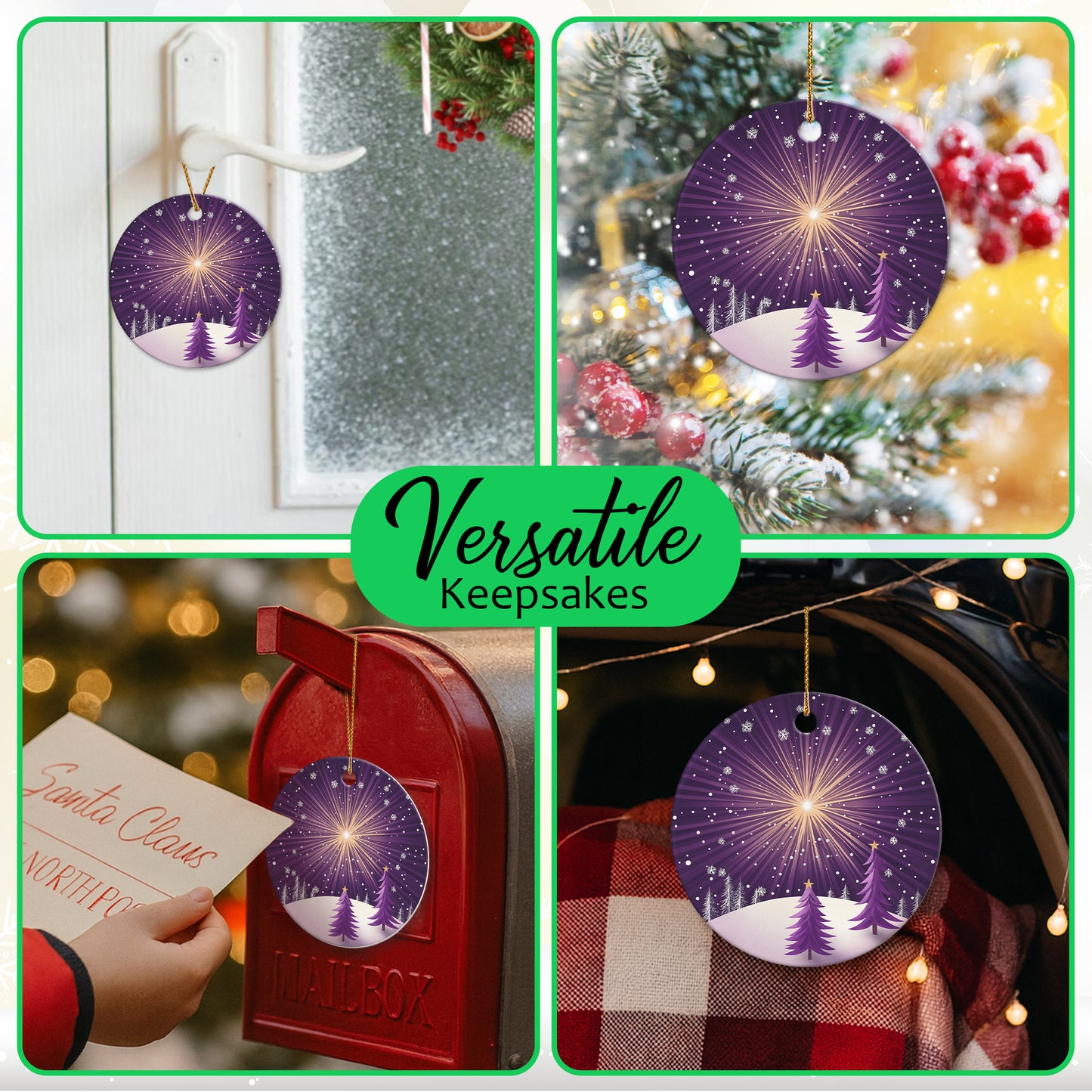 Netecom Purple Winter Snow Scene Christmas Ornaments, Ceramic Night Sky Keepsake Ornament for Christmas Tree Decorations, Gifts for Holiday, Party, Home Decor