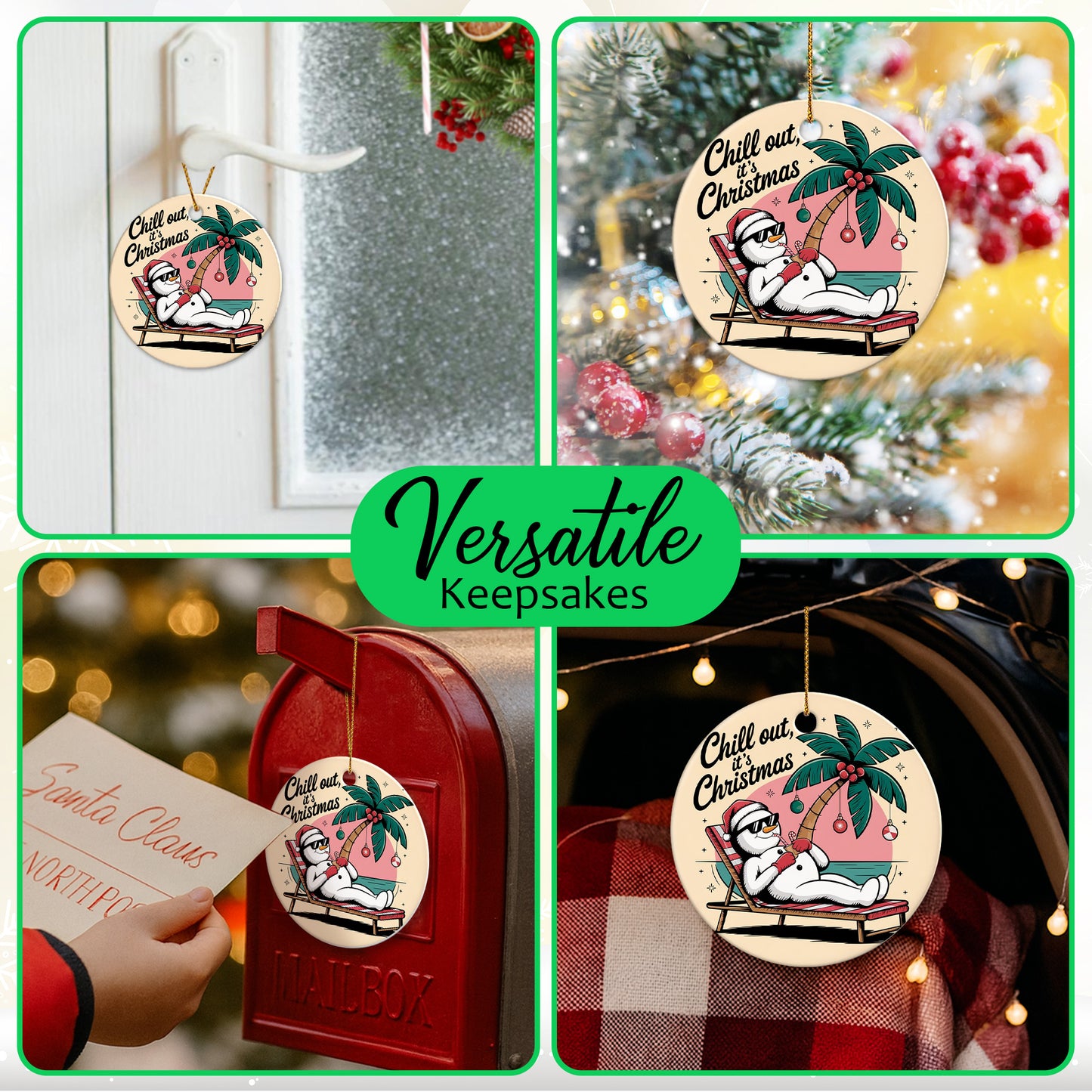Netecom Funny Santa Snowman Christmas Ornament, Chill Out It's Christmas Ceramic Ornament for Xmas Tree Hanging Decorations Gift, Home Decor, Gifts for Friends & Family, Holiday Party Present