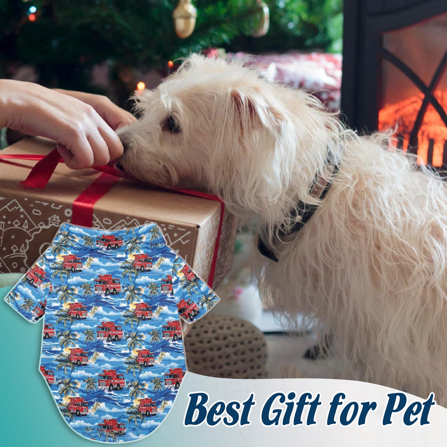 Netecom Matching Fire Truck Firefighter Hawaiian Shirt for Pet and Owner, Blue Aloha Summer Shirt, Fire Truck Palm Tree Print Outfit for Dog and Human, Casual Beach Vacation Wear