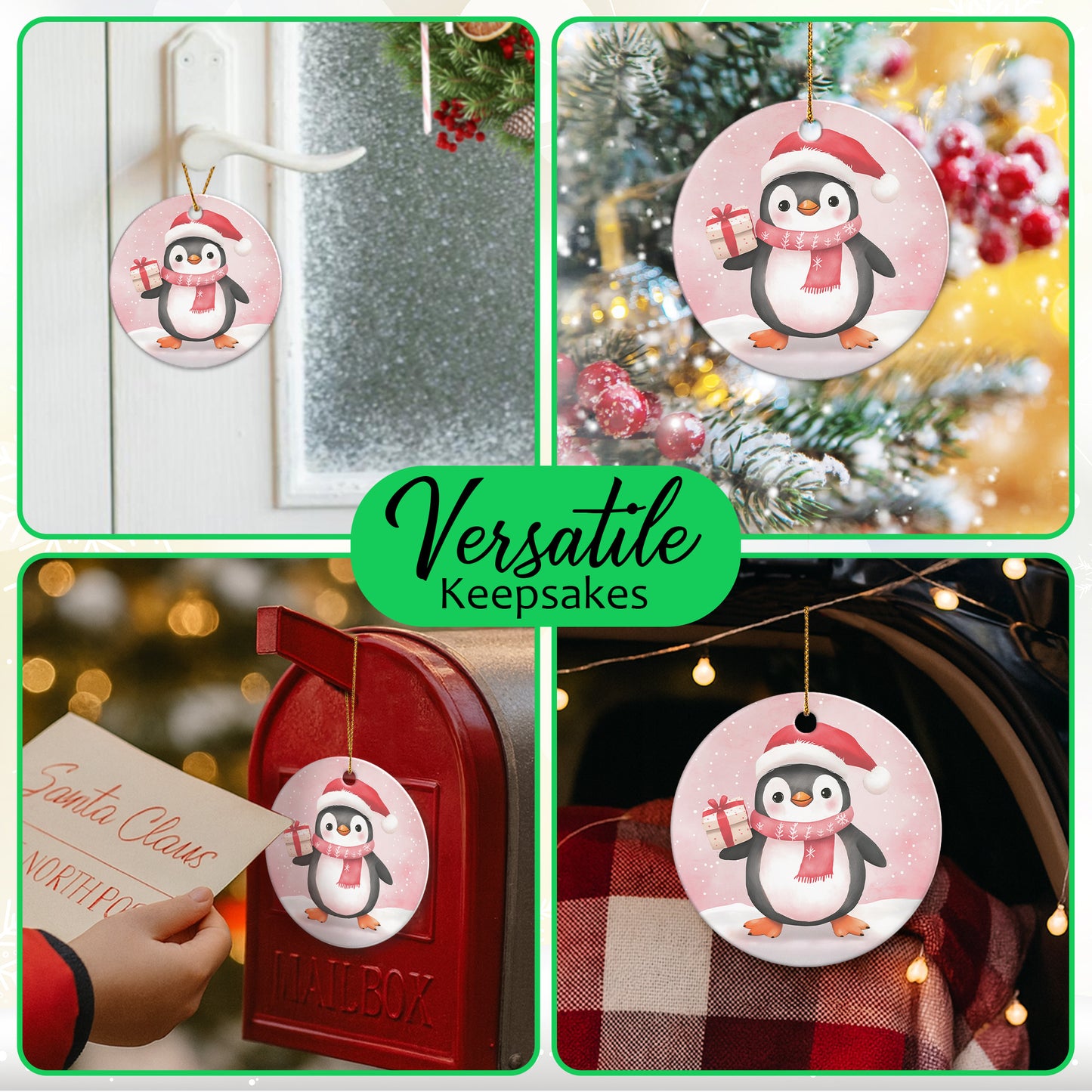 Netecom Cute Pink Penguin in Snow Christmas Ornament, Ceramic Animal Keepsake Ornament for Xmas Tree Decorations, Penguin Lover Gift, Gifts for Holiday, Party, Home Decor