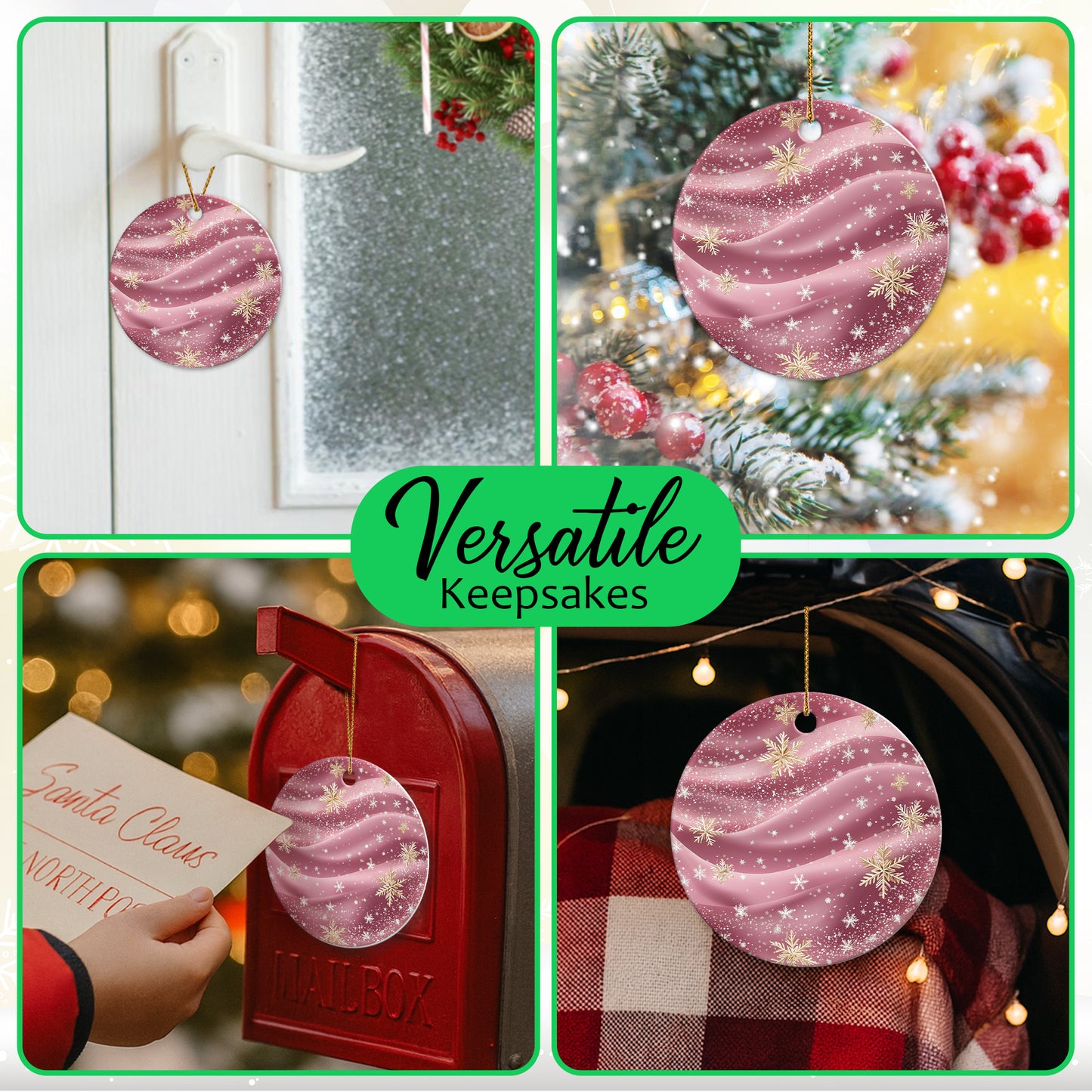 Netecom Elegant Marble Texture Pattern Pink Ornament, Ceramic Gold Glitter Snowflakes Keepsake Ornaments for Xmas Tree Decorations, Gifts for Holiday, Party, Home Decor