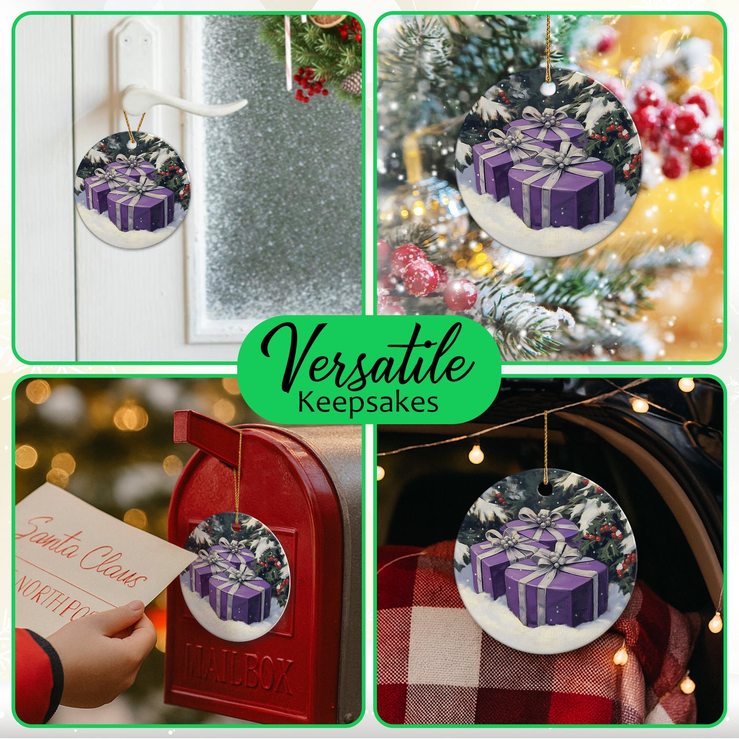 Netecom Purple Gift Box on Snow Christmas Ornaments, Ceramic Present With Silver Ribbon Keepsake Ornament for Christmas Tree Decorations, Gifts for Holiday, Party, Home Decor