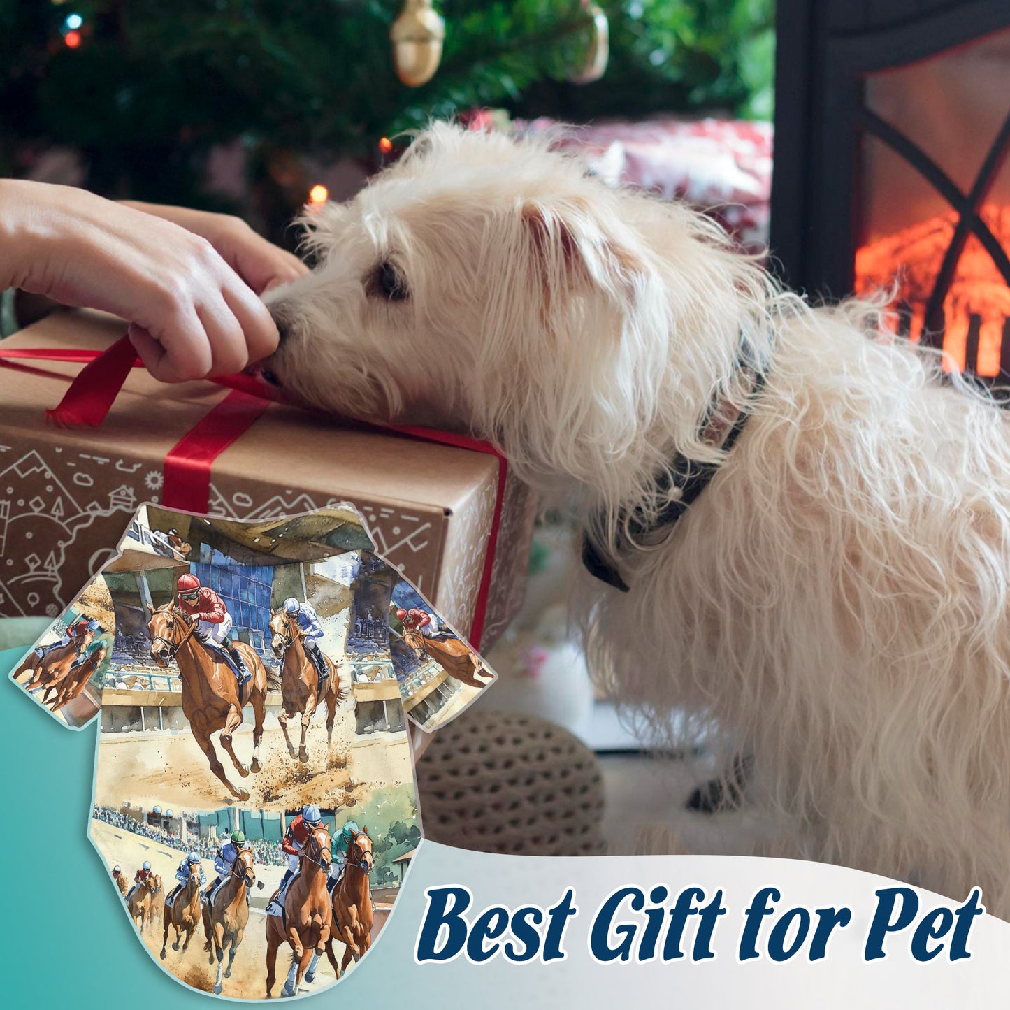 Netecom Matching Horse Racing Hawaiian Shirt for Dog and Owner, Aloha Summer Shirt, Horse Art Print Button Down Outfit for Pet and Human, Beach Vacation Casual Wear