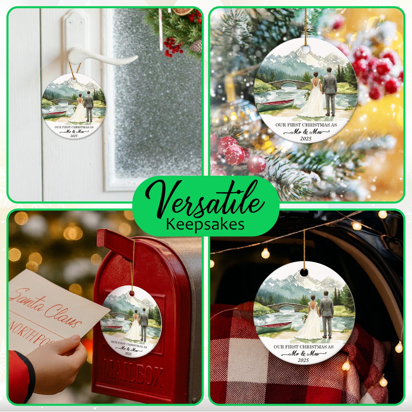 Netecom Elegant First Christmas Married Ornament, Our First Christmas as Mr and Mrs Ceramic Ornaments for Xmas Tree Hanging Decorations Gift, Wedding Gifts for Couples, Holiday Party Present