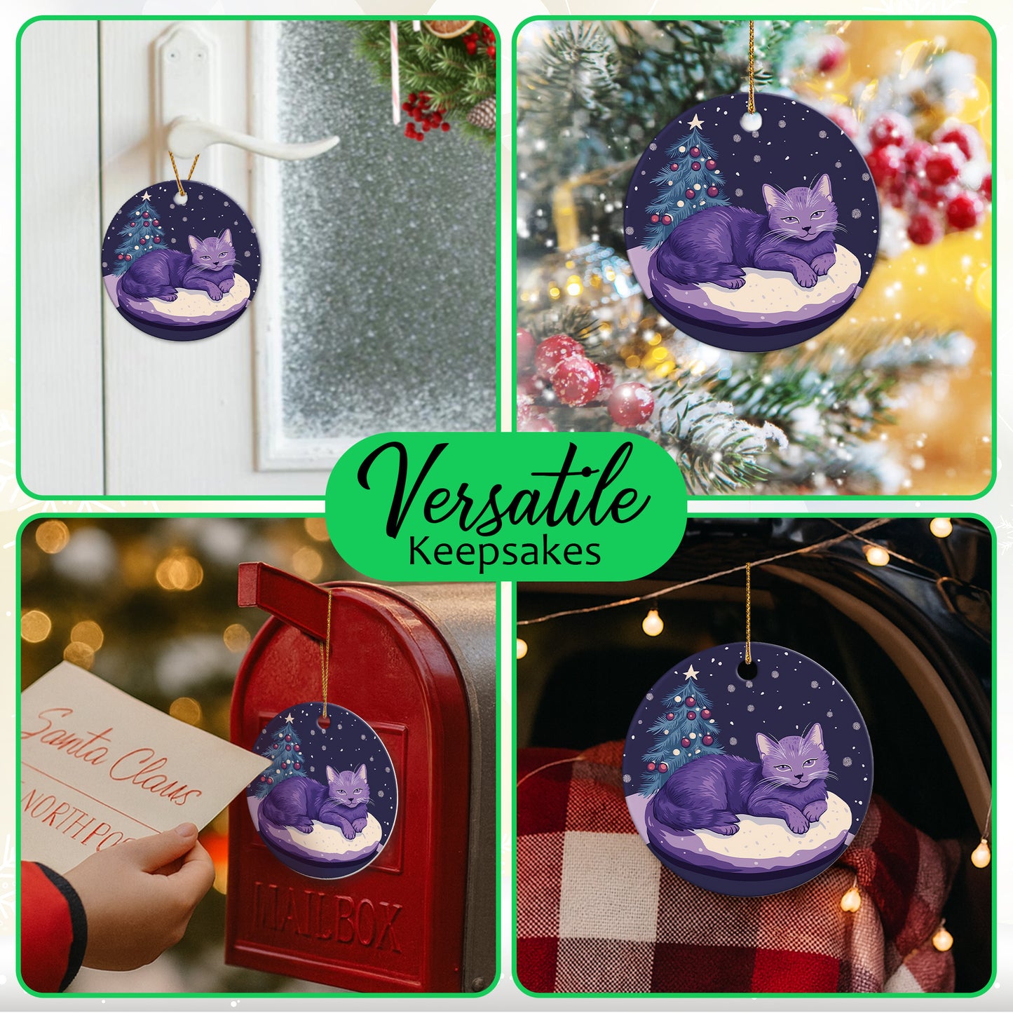 Netecom Purple Cat Christmas Ornaments, Ceramic Cat Resting Keepsake Ornament for Christmas Tree Decorations, Kitten Lover Gift, Gifts for Holiday, Party, Home Decor