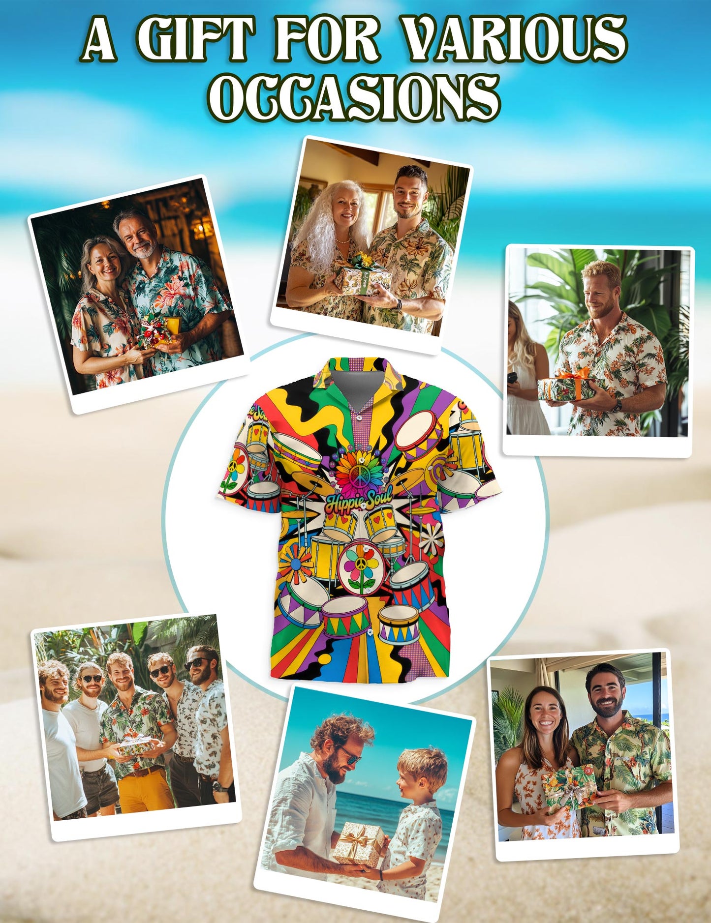 Netecom Peace Love Drums Hawaiian Shirt for Men, Button Down Summer Beach Short Sleeve, S-5XL