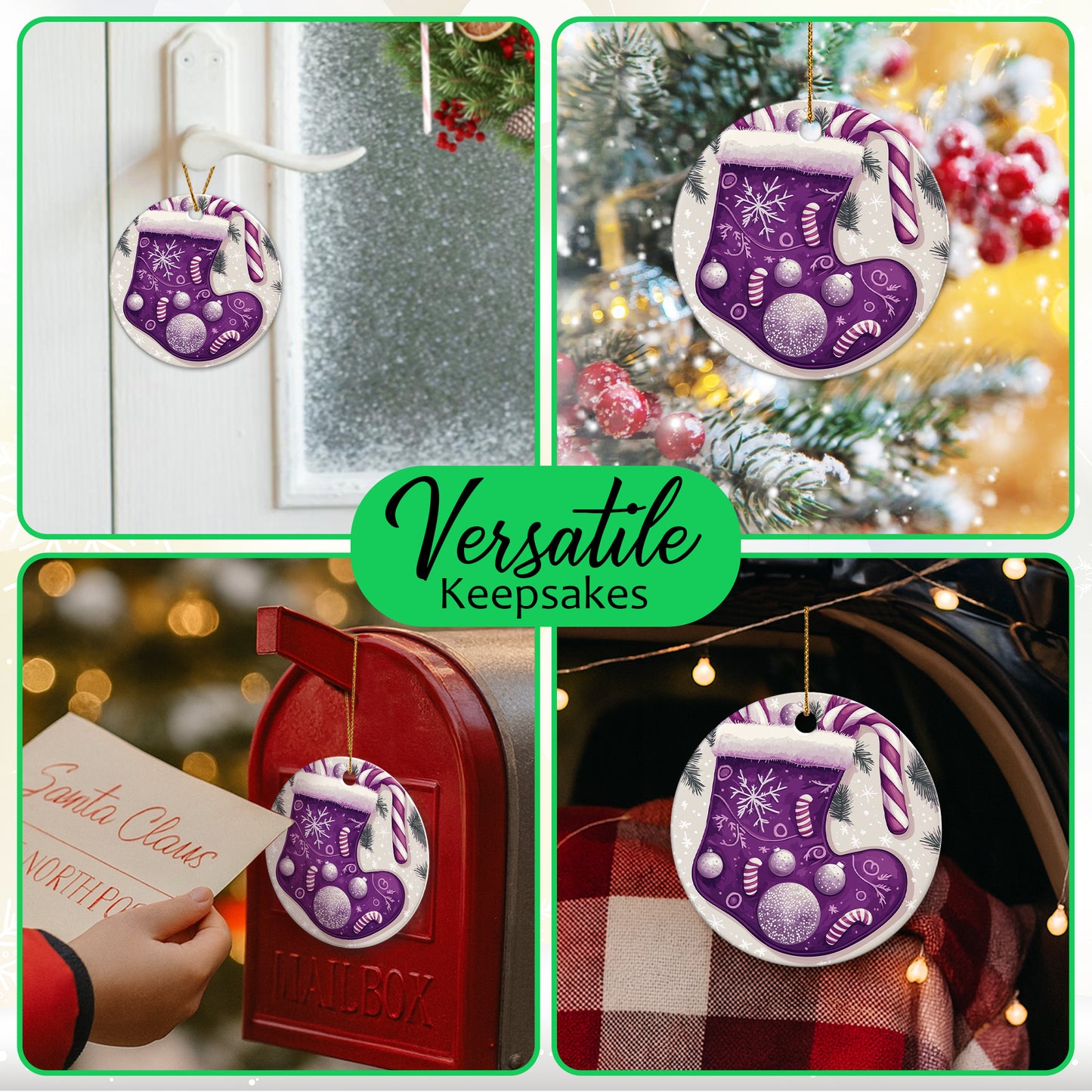 Netecom Purple Stocking Christmas Ornaments, Ceramic Candy Cane Snowflakes Keepsake Ornament for Christmas Tree Decorations, Gifts for Holiday, Party, Home Decor