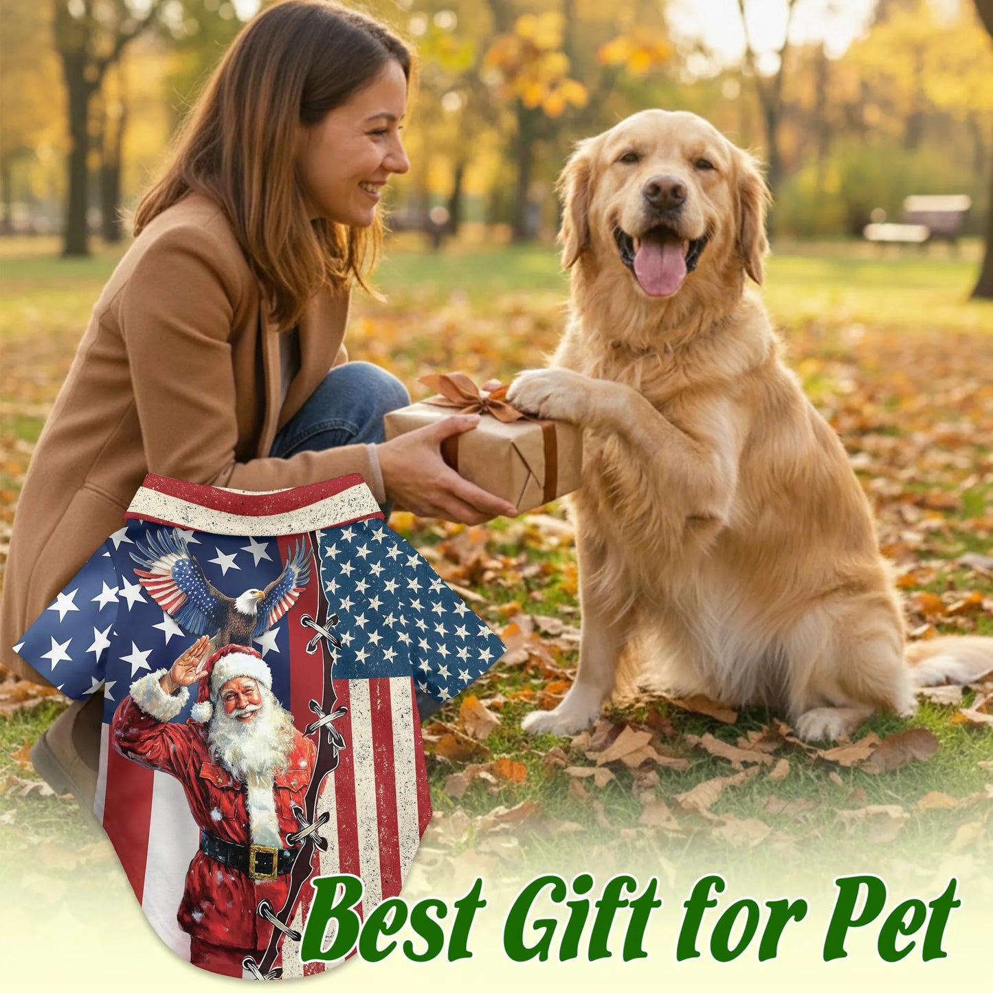 Patriotic American Christmas Santa Print Hawaii Dog and Owner Matching Shirts