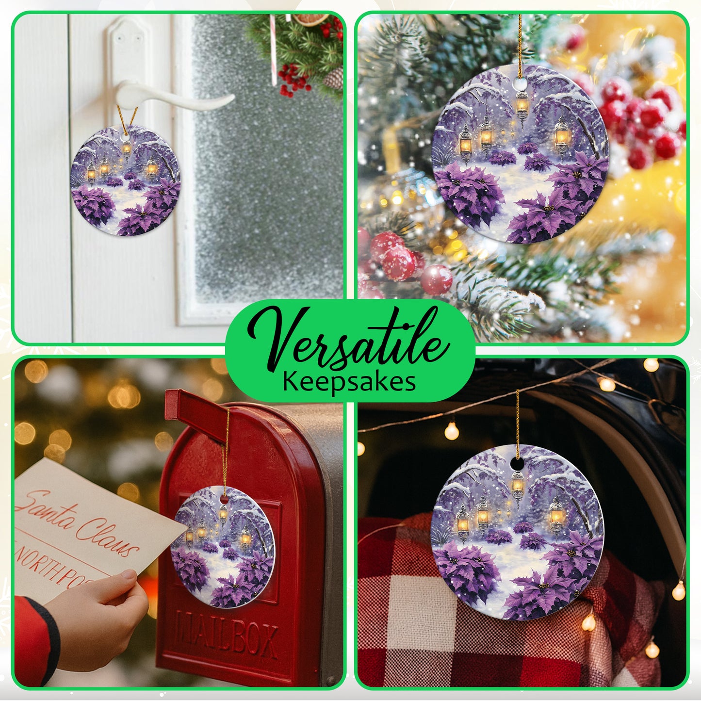 Netecom Purple Winter Snow Scene Christmas Ornaments, Ceramic Lanterns Poinsettia Keepsake Ornament for Christmas Tree Decorations, Gifts for Holiday, Party, Home Decor