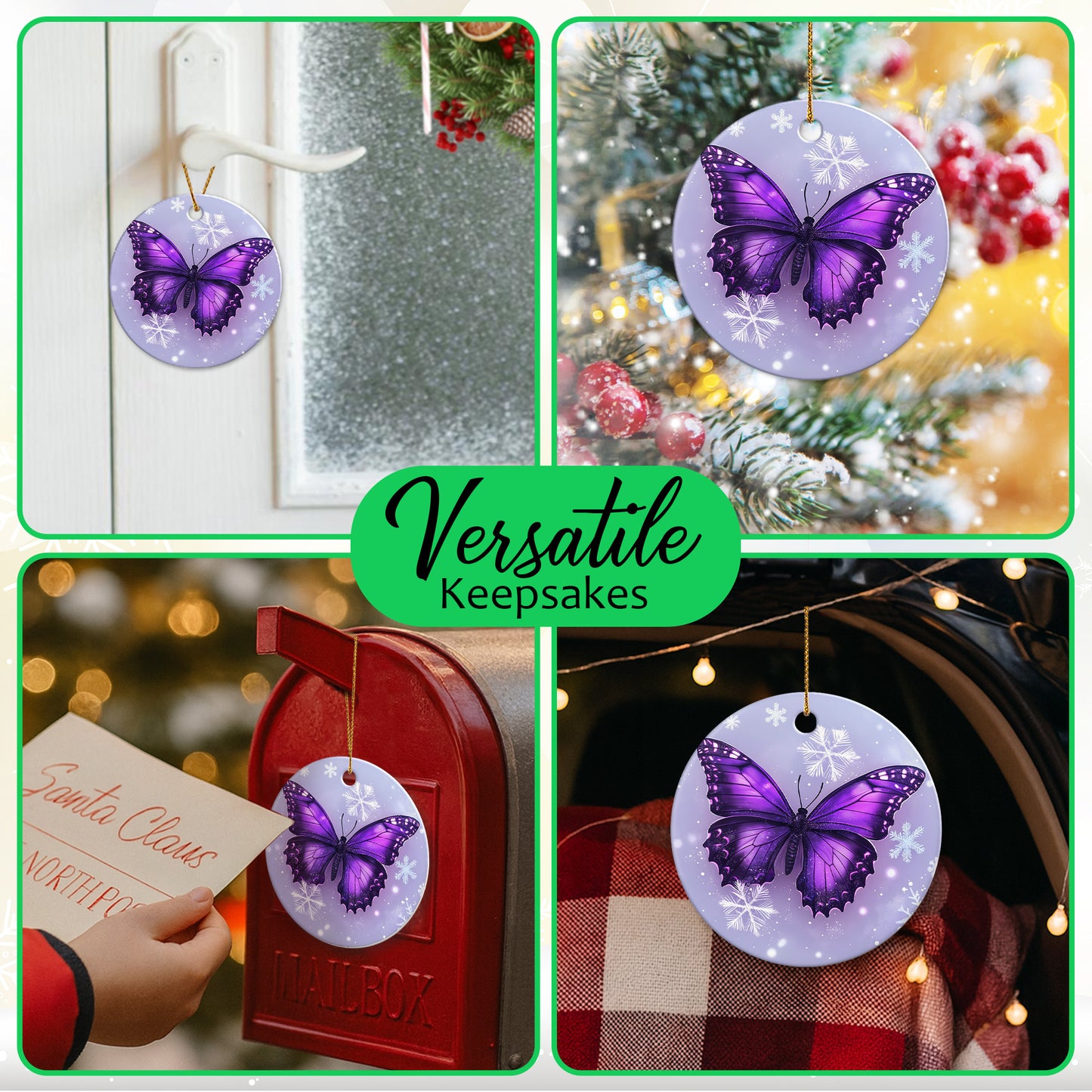 Netecom Purple Butterfly Christmas Ornaments, Ceramic Snowflake Keepsake Ornament for Christmas Tree Decorations, Gifts for Holiday, Party, Home Decor, Butterfly Lover Gift
