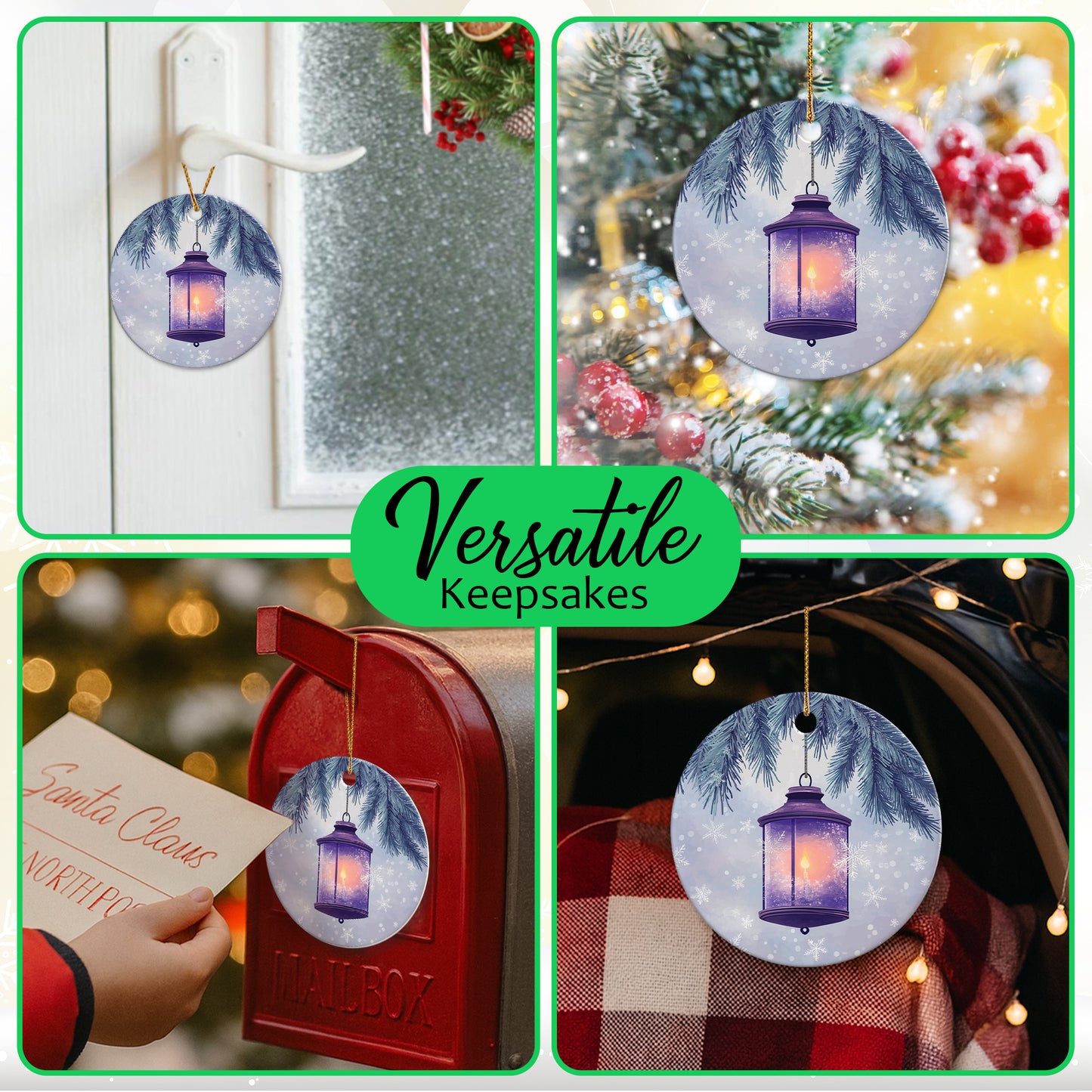 Netecom Purple Winter Lantern Christmas Ornaments, Ceramic Glow Lantern in Snow Keepsake Ornament for Christmas Tree Decorations, Gifts for Holiday, Party, Home Decor
