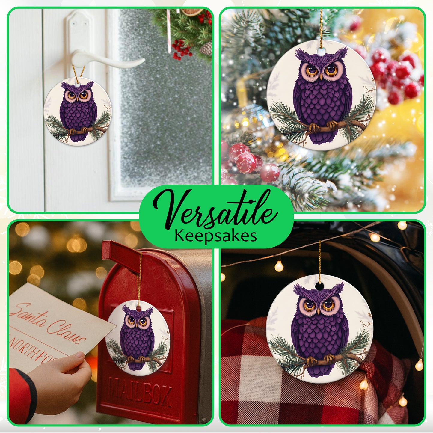 Netecom Cute Purple Owl Christmas Ornaments, Ceramic Birds on Branches Keepsake Ornament for Christmas Tree Decorations, Bird Lover Gift, Gifts for Holiday, Party, Home Decor