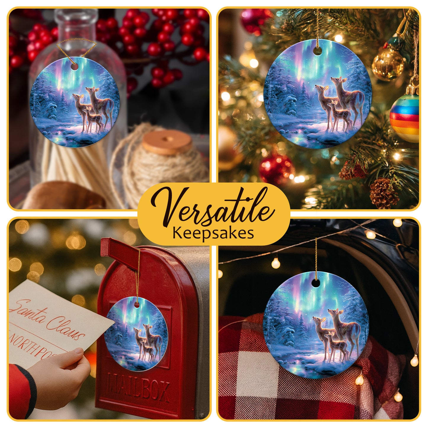 Netecom Adorable Christmas Reindeer Family Ornament, Under Northern Lights Ceramic Ornament for Xmas Tree Hanging Decorations Gift, Reindeer Lover Gifts, Holiday Party Present