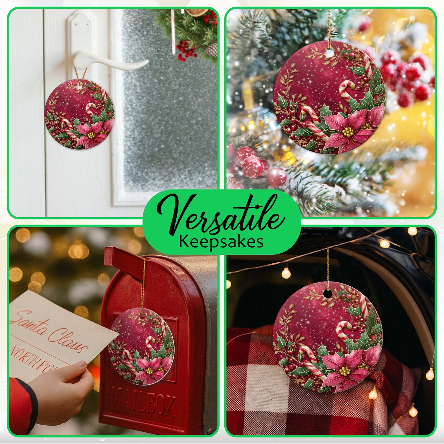 Netecom Pink Poinsettia and Holly Berries Leaves Christmas Ornament, Ceramic Candy Cane Keepsake Ornament for Xmas Tree Decorations, Gifts for Holiday, Party, Home Decor