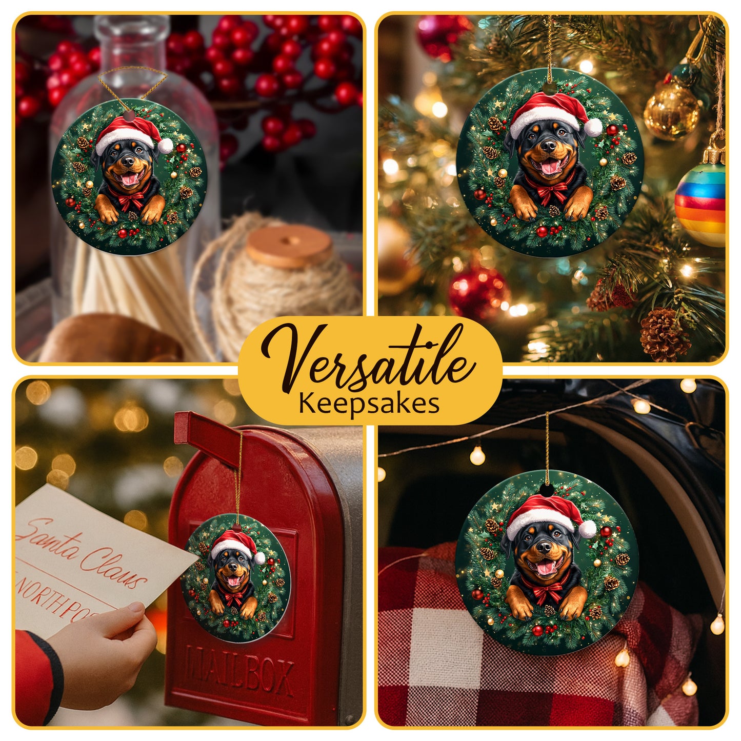 Netecom Cute Rottweiler in Santa Hat Christmas Ornament, Rottie Dog Ceramic Ornament for Xmas Tree Hanging Decorations Gift, Puppy Lover Gifts, Home Decor, Holiday Party Present