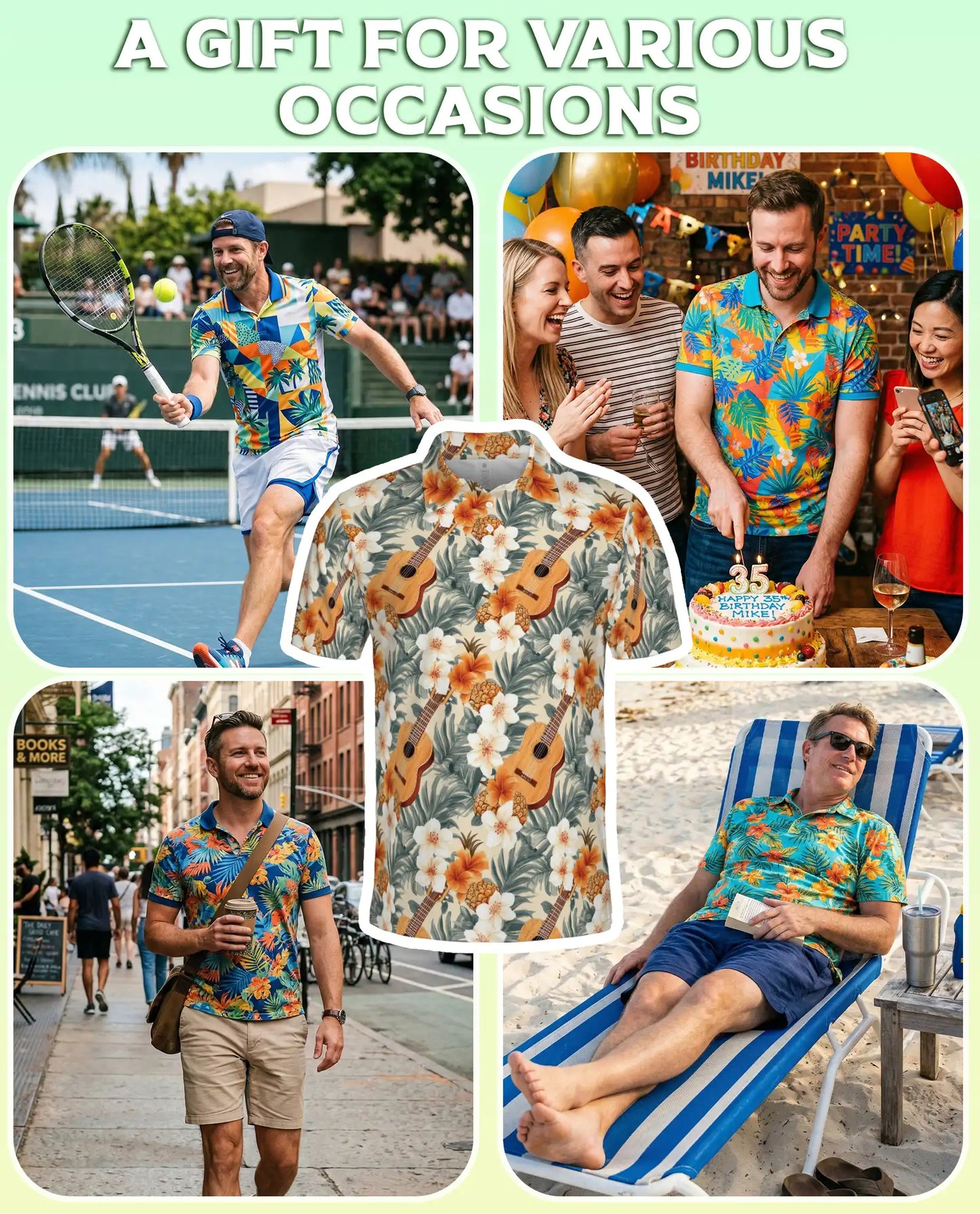 Tropical Ukulele Polo Shirt for Men-Print Hibiscus Pineapple | Netecom