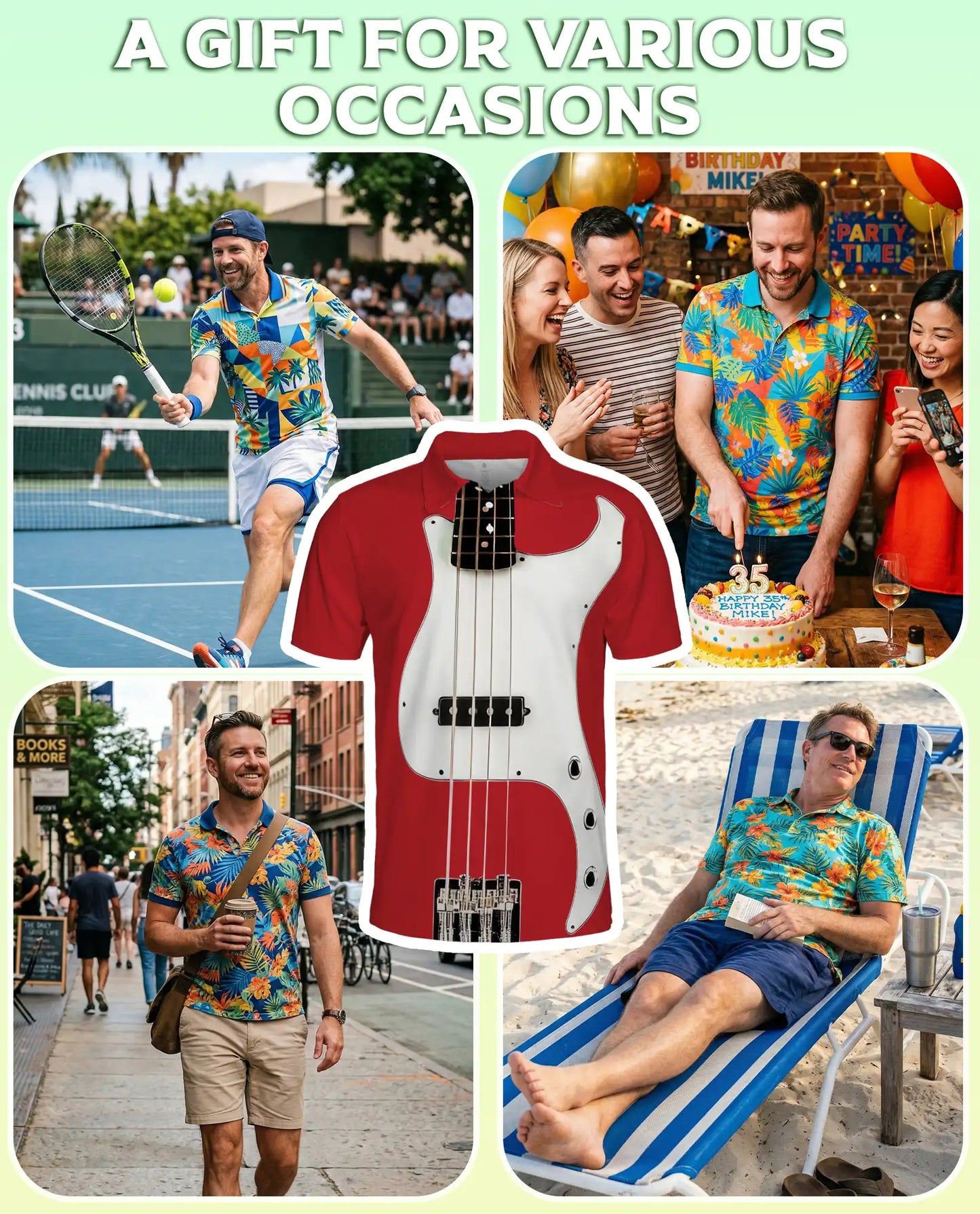 Red Bass Guitar 3D Polo Shirt for Men – Rock Music Instrument Style | Netecom