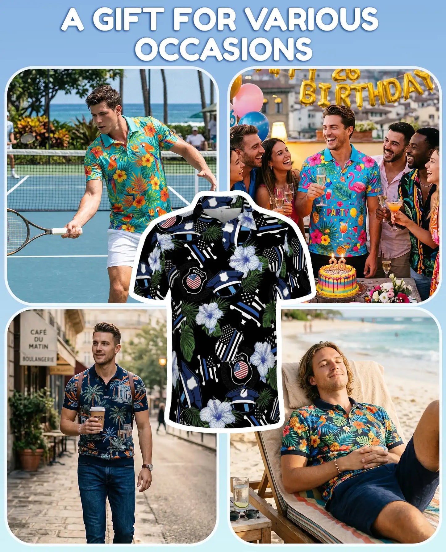 Police Thin Blue Line Polo Shirt - Tropical Floral Design | Netecom