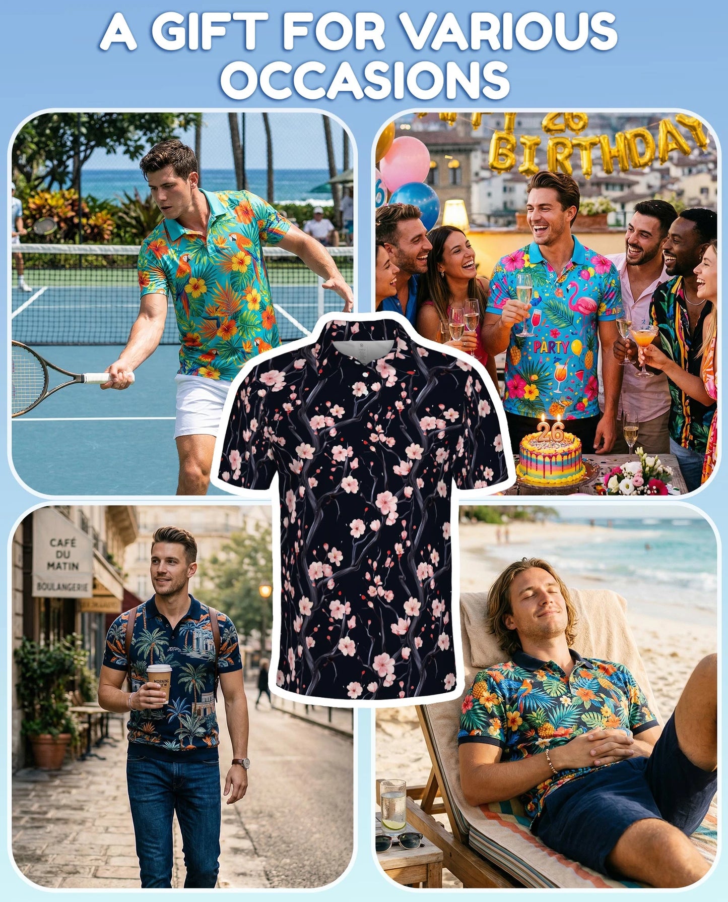 Japanese Floral Polo Shirt for Men – Elegant Sakura Art Style | Netecom