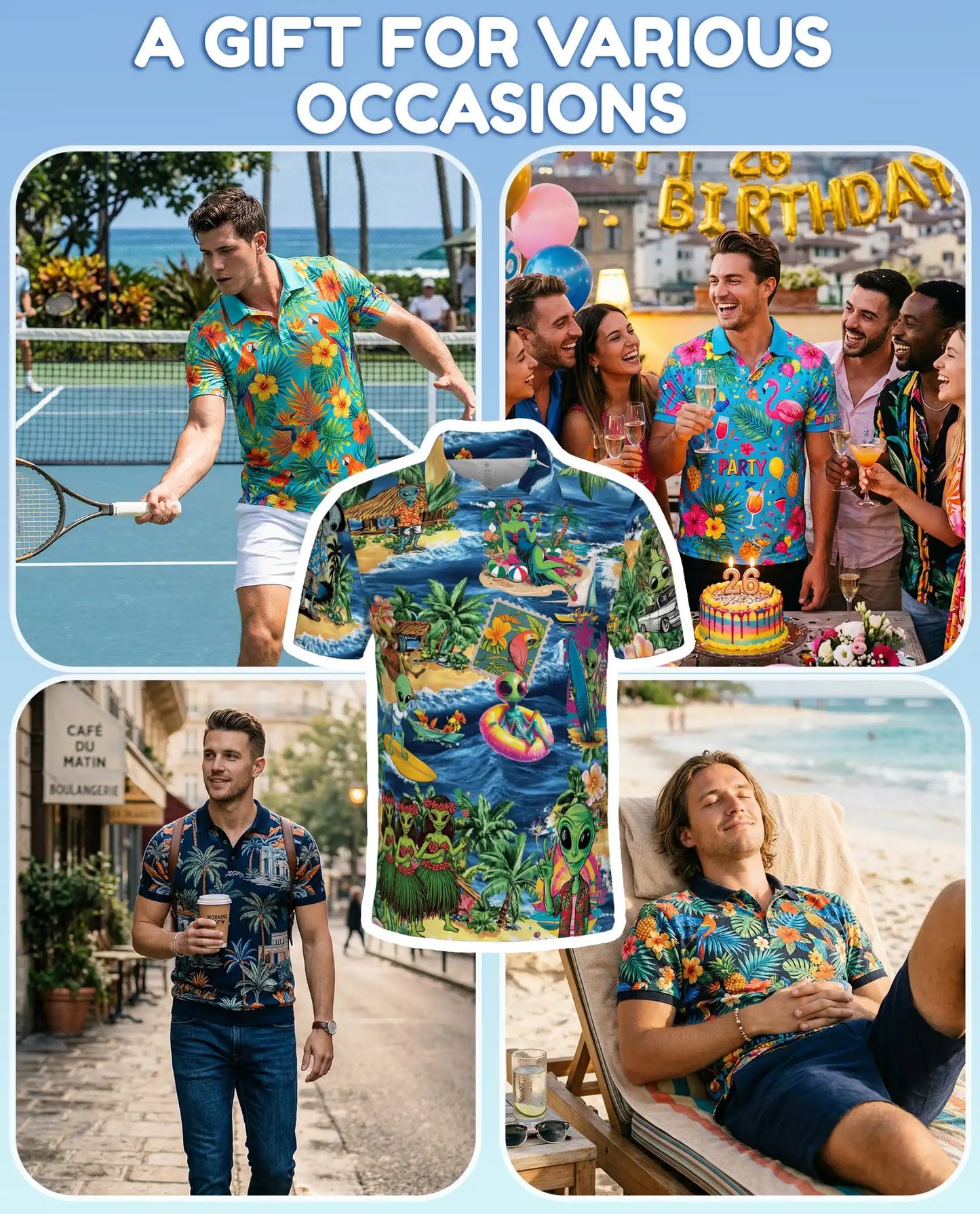 Alien Beach Hawaiian Polo Shirt - Funny UFO Tropical Surfing Design | Netecom