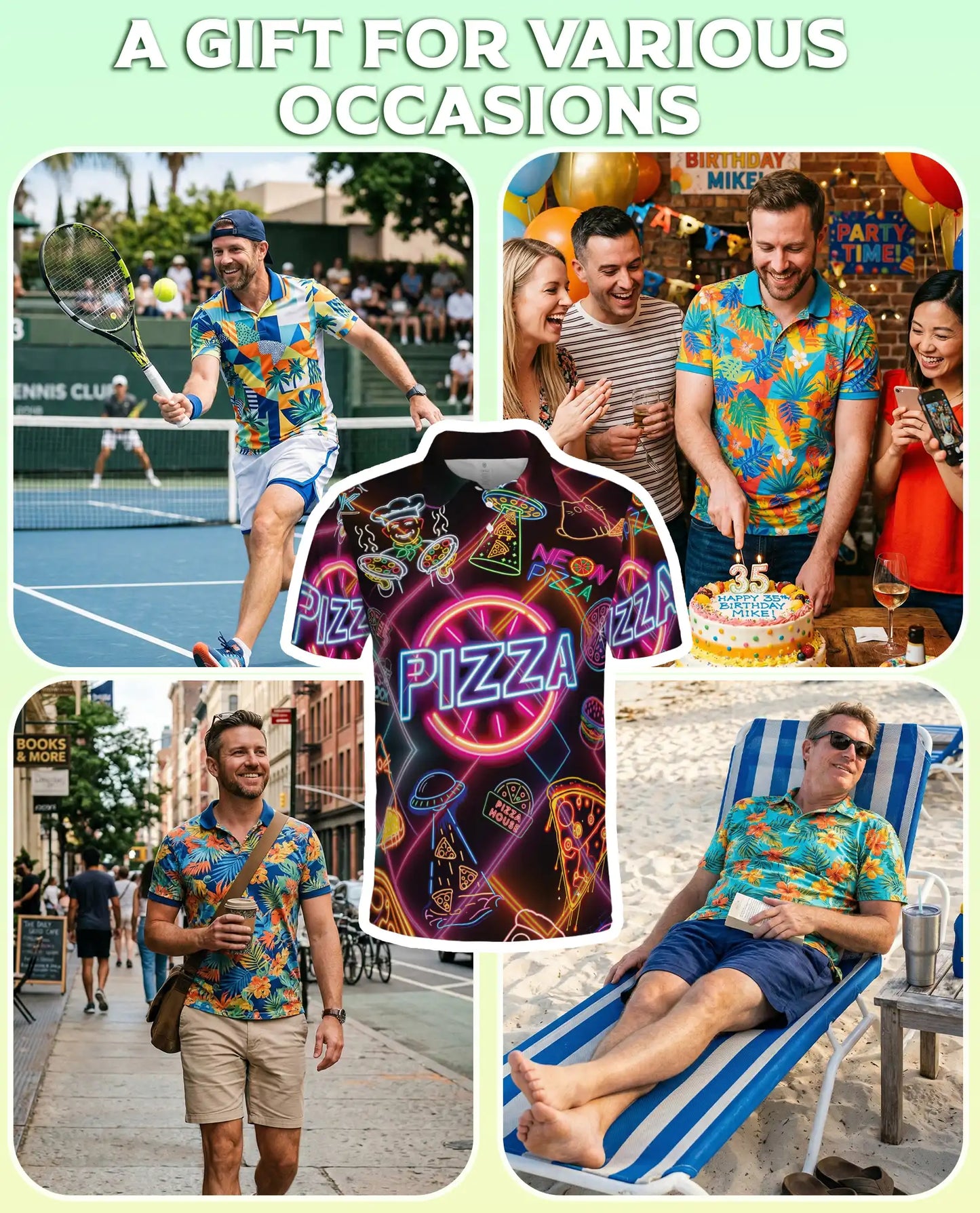 Neon Pizza Party 3D Polo Shirt for Men – Funny Retro Food Lover Style | Netecom