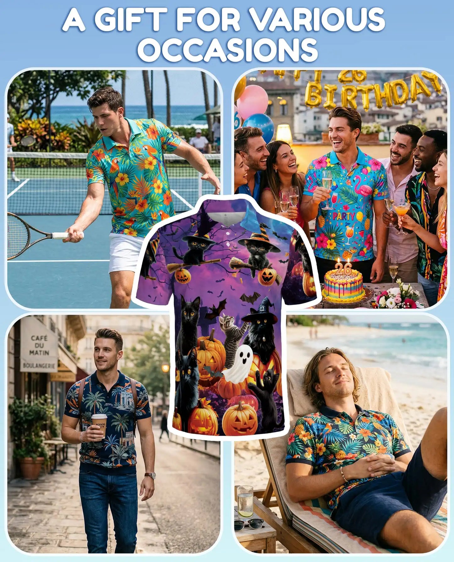 Halloween Black Cat Polo Shirt for Men – Spooky Cat Print | Netecom