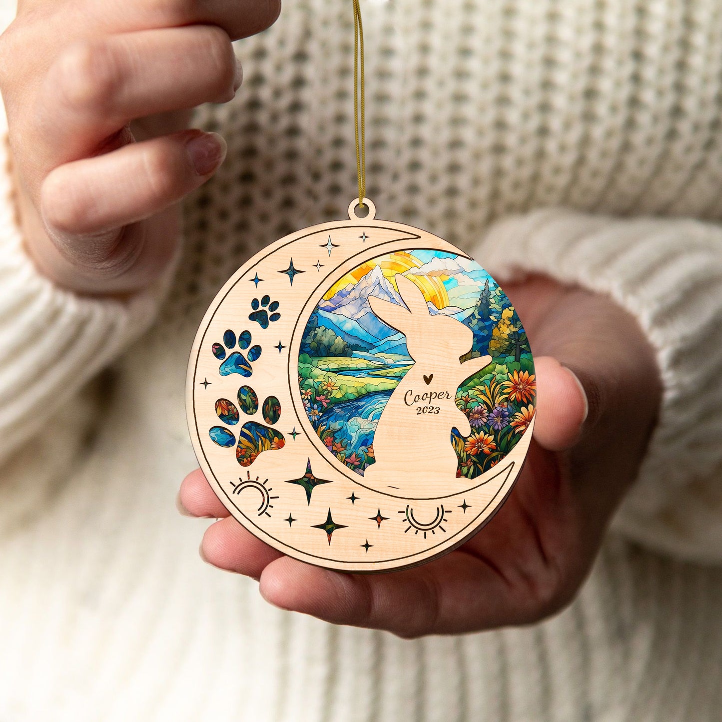 Netecom Rabbit Memorial Suncatcher, Personalized Rabbit Christmas Ornament with Name Date, Bereavement Gifts for Loss of Bunny, Rabbit Death Sympathy Gift Pet Loss Sun Catchers, Rabbit Grief Gift