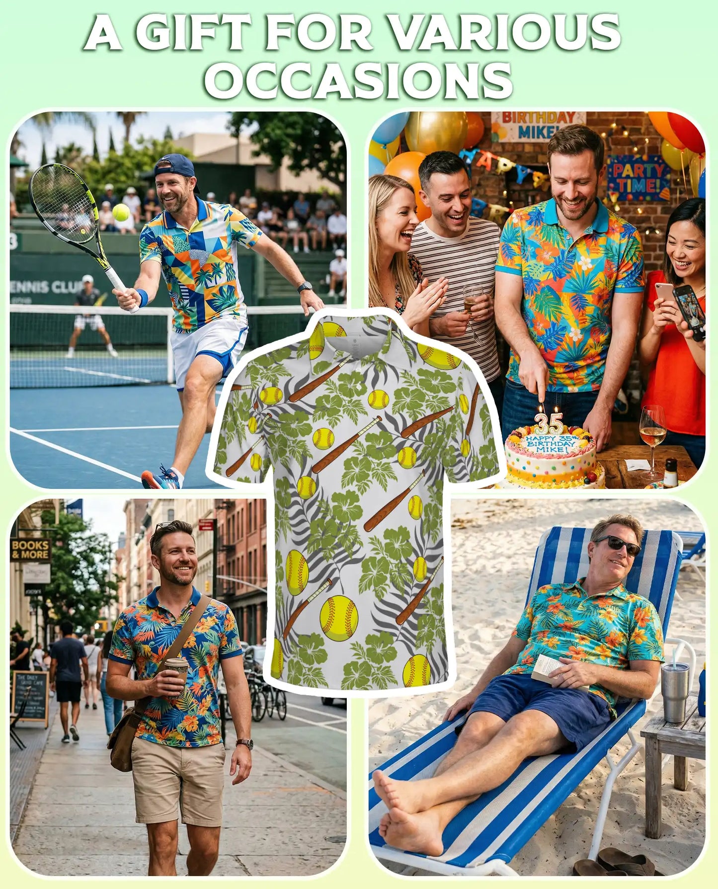 Softball Tropical 3D Polo Shirt for Men – Bat and Ball Summer Style | Netecom