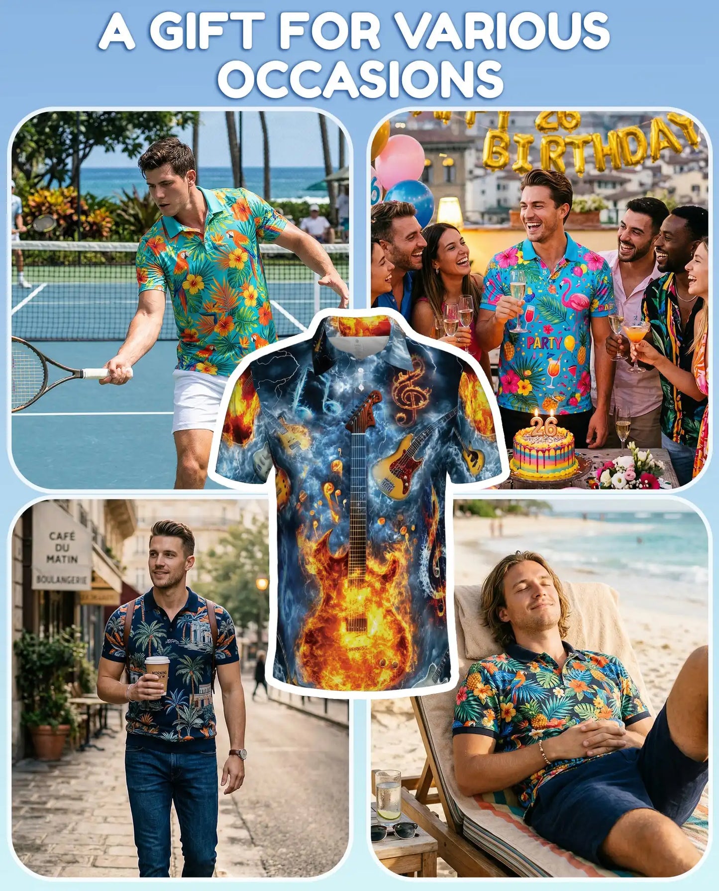 Flaming Electric Guitar Polo Shirt for Men - Rock Music Fire Guitar | Netecom