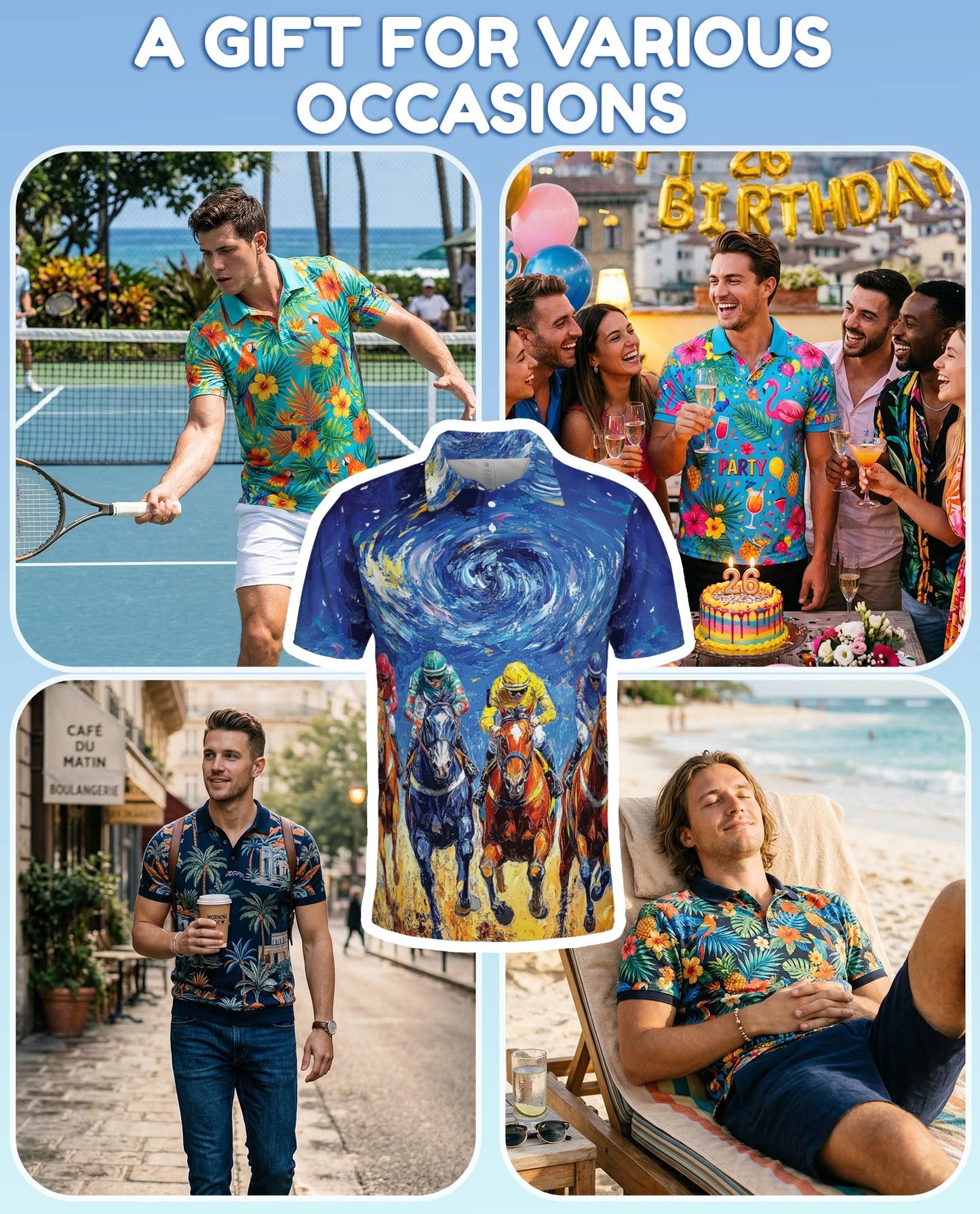 Horse Racing Starry Night Polo Shirt for Men – Artistic Equestrian Style | Netecom