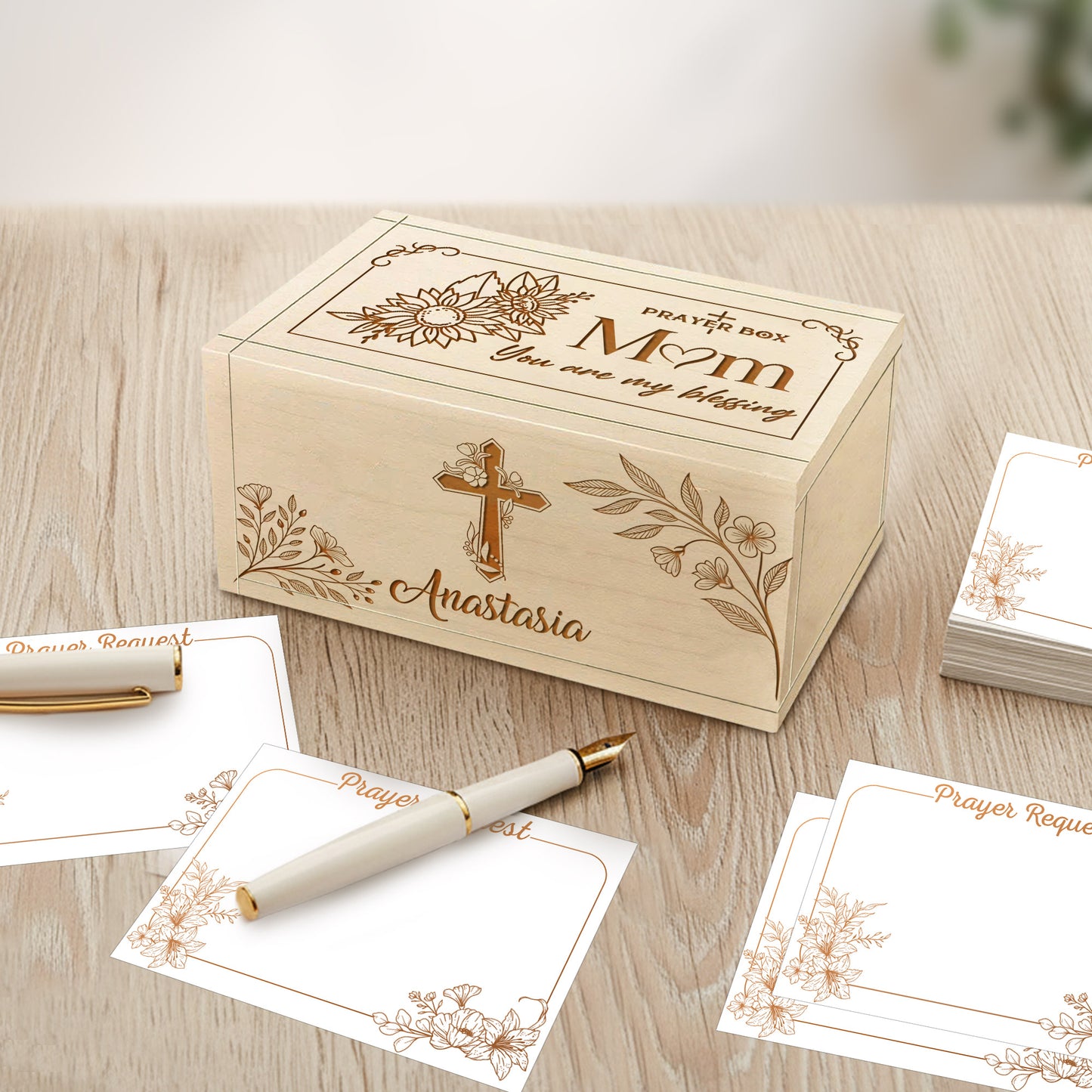 Netecom Personalized Mom Prayer Box with Custom Name on Box & Cross, Wooden Christian Prayer Box with 100 Prayer Request Cards, Faith Gift for Mother