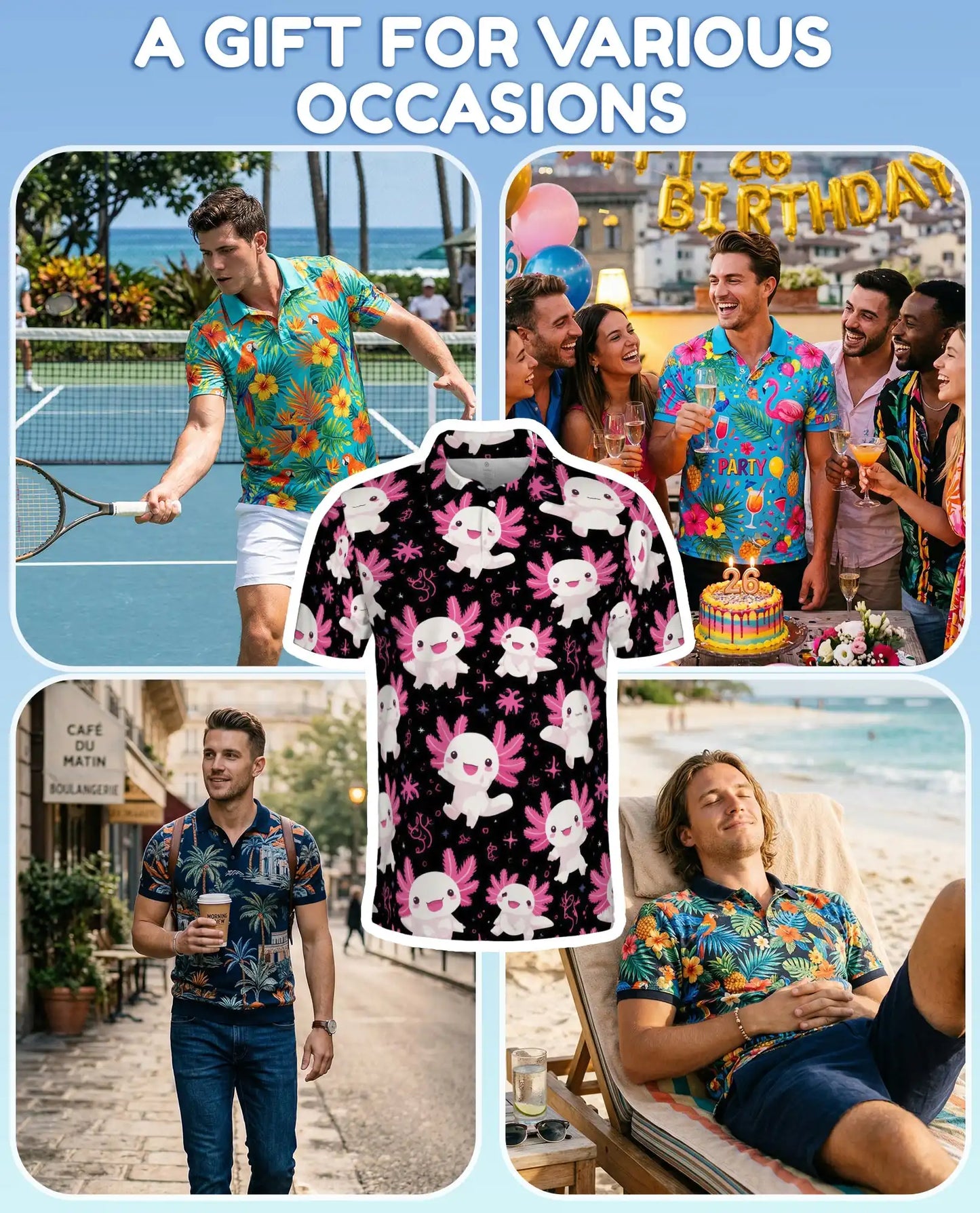 Pink Axolotl Polo Shirt for Men – Cute Aquatic Animal Style | Netecom
