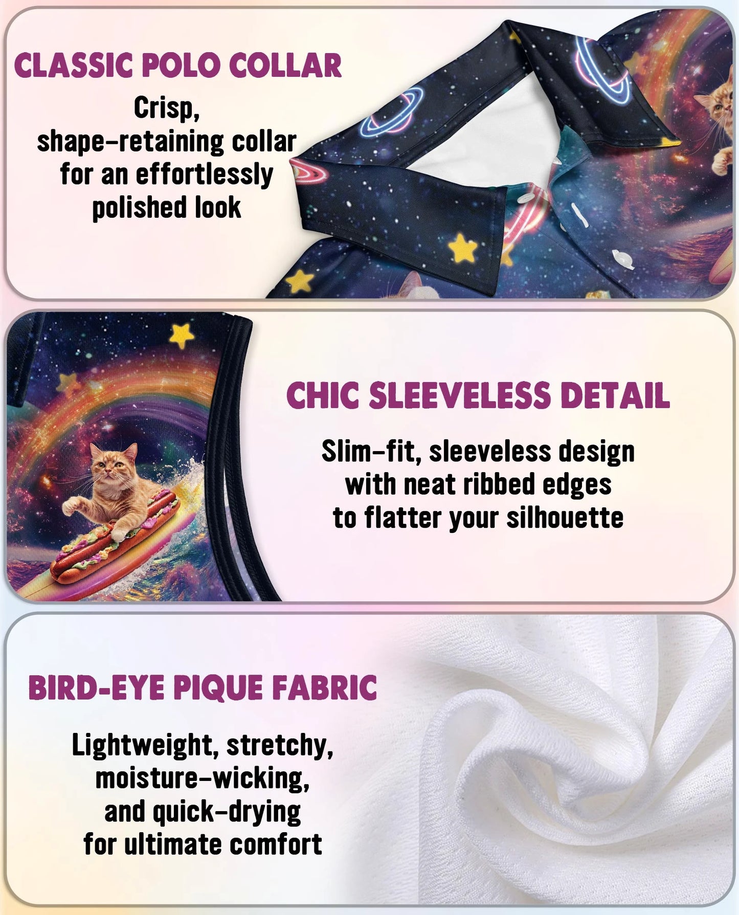 Cosmic Cat Food Adventure Sleeveless Polo Shirt for Women | Netecom