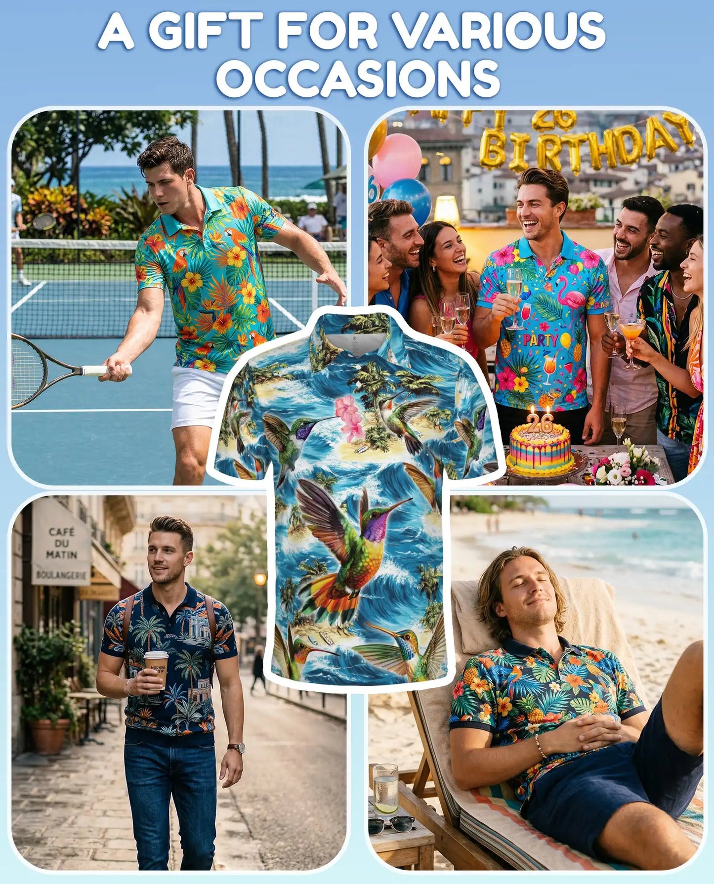 Hummingbird Tropical Polo Shirt – Ocean Wave Print | Netecom