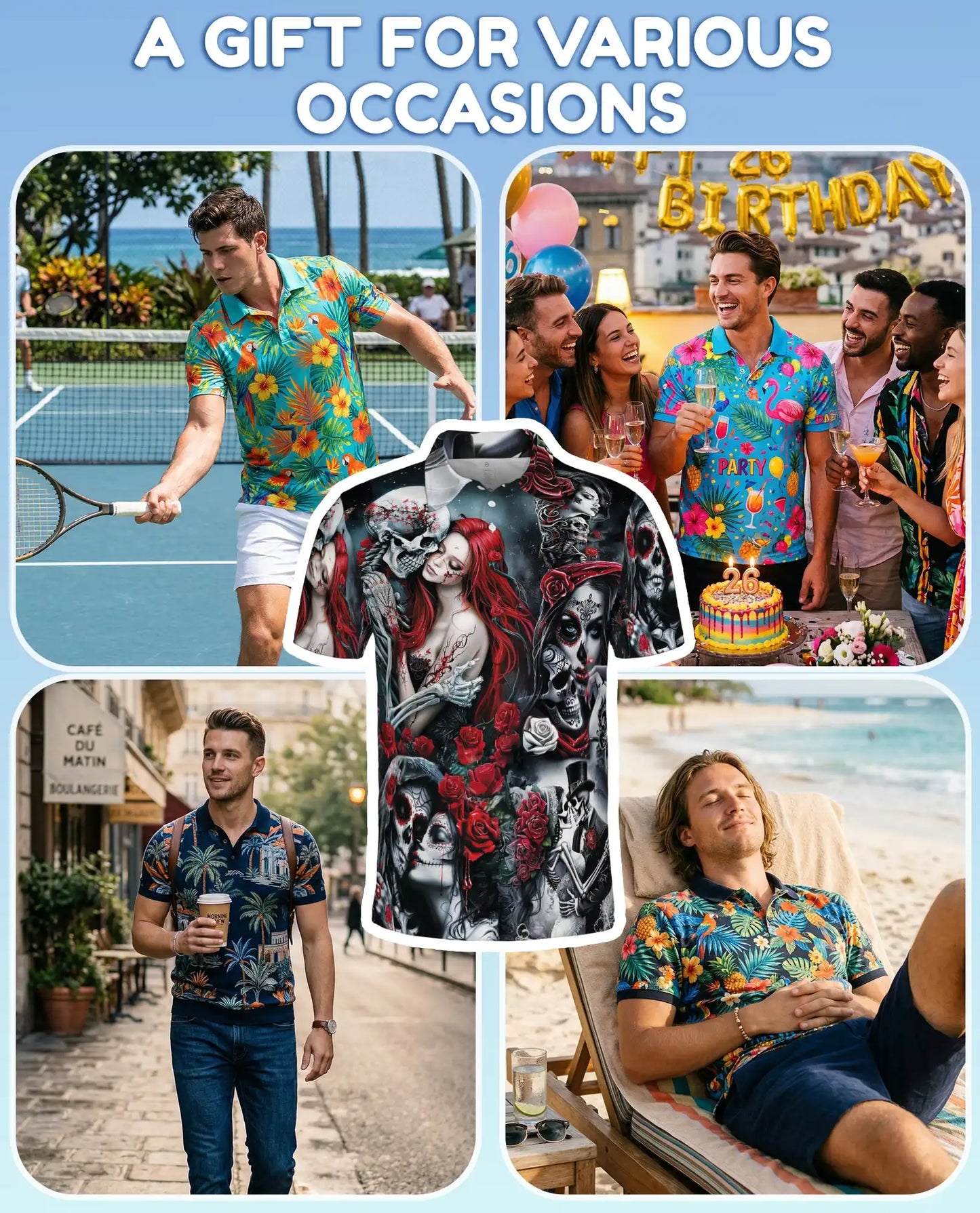 Day of the Dead Sugar Skull Polo Shirt for Men – Gothic Skeleton Roses | Netecom