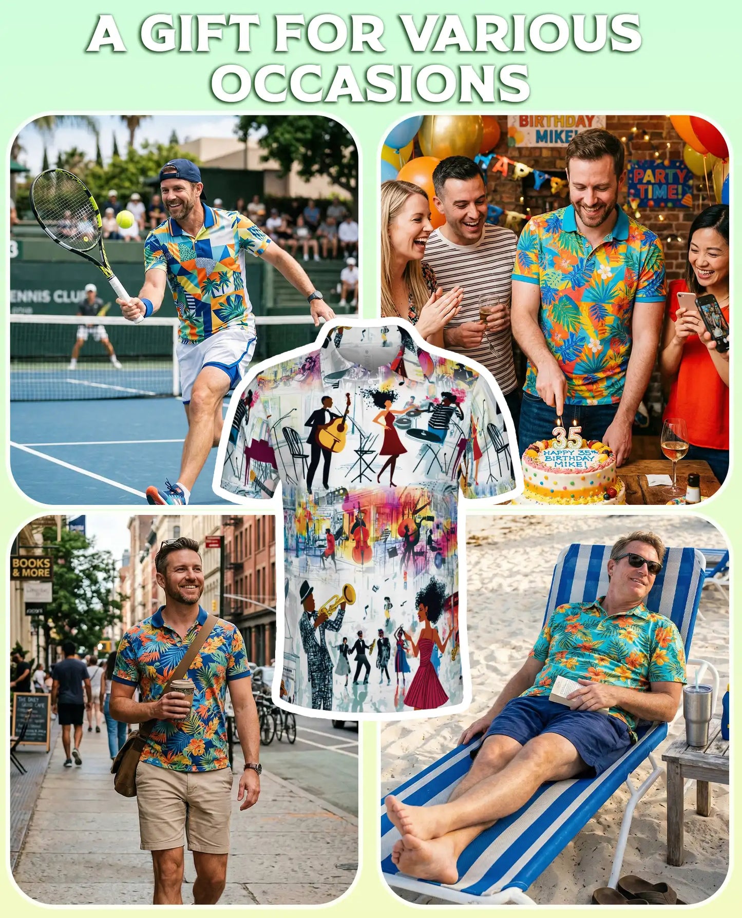 Jazz Music Party 3D Polo Shirt for Men – Colorful Retro Musician Style | Netecom