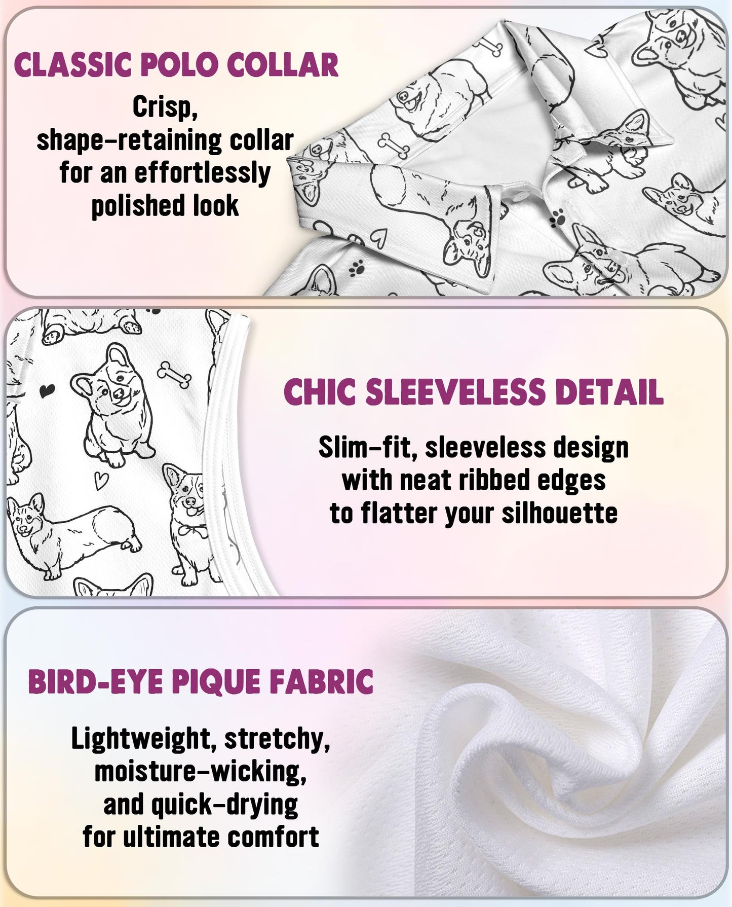 Corgi Pattern Sleeveless Polo Shirt for Women | Netecom