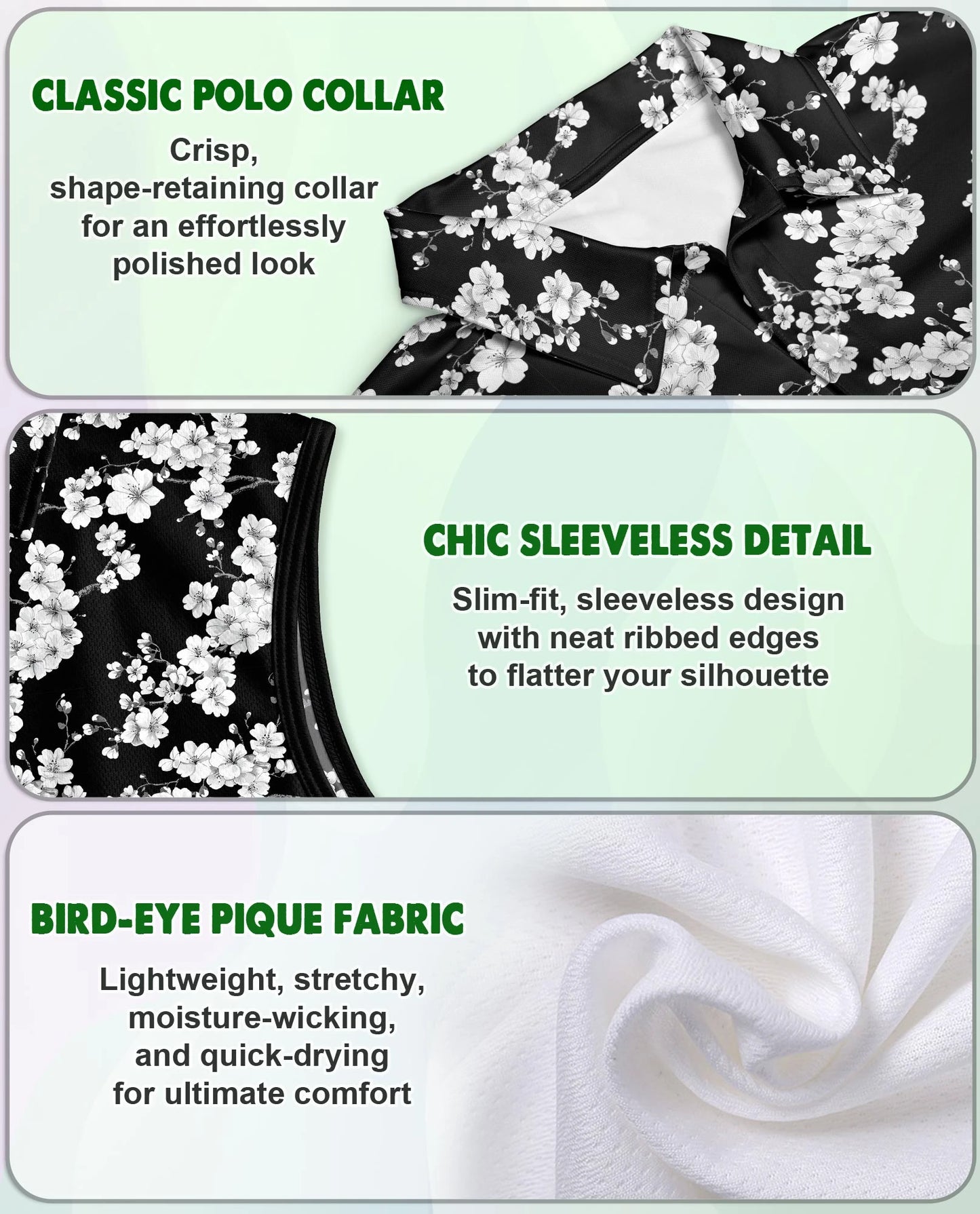 Black and White Floral Pattern Sleeveless Polo Shirt for Women | Netecom