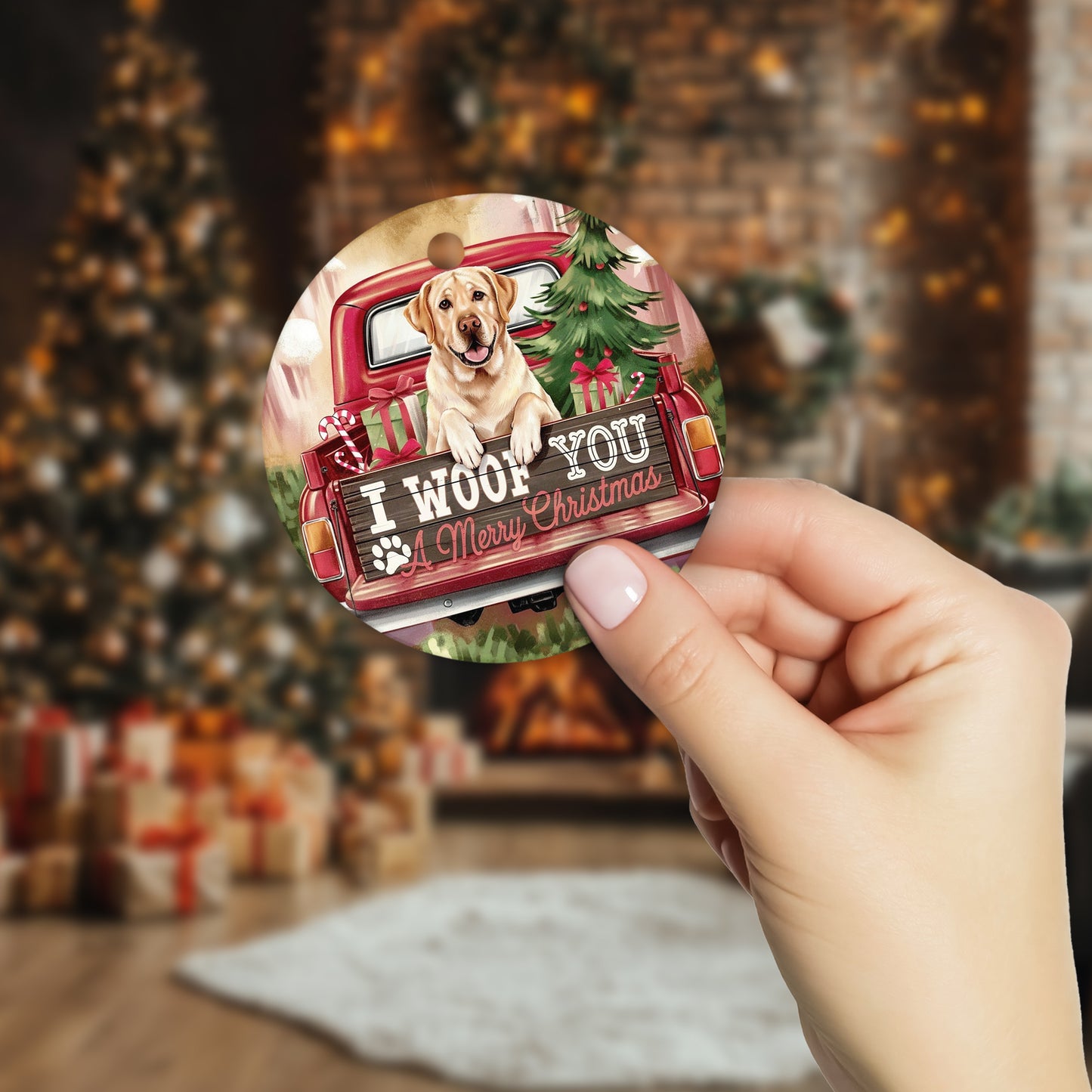 Netecom Adorable Golden Retriever in Christmas Red Truck Ornament, I Woof You Happy Pawlidays Ceramic Ornament for Christmas Tree Hanging Decorations Gift, Dog Lover Gifts, Holiday Decor Present