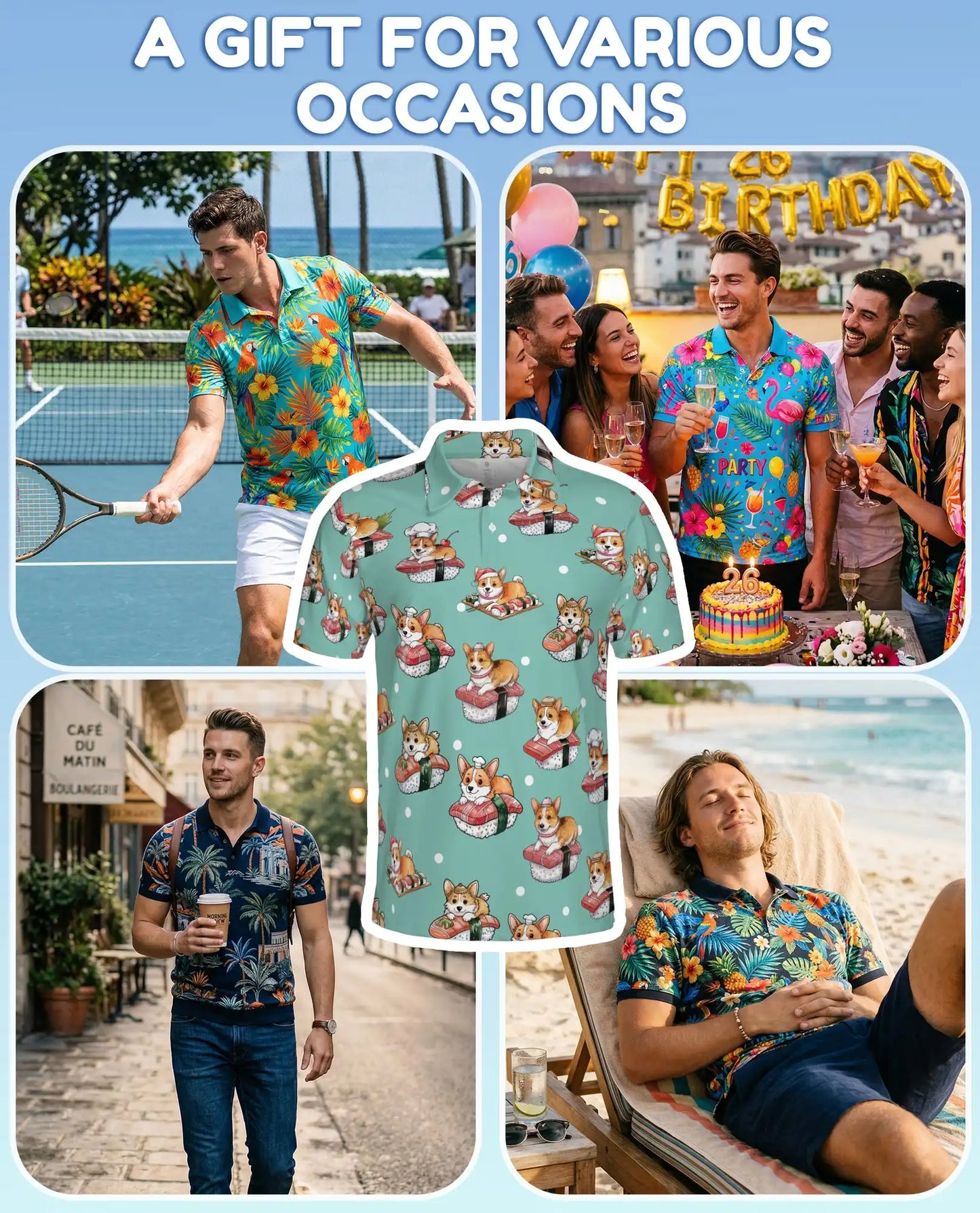 Cute Corgi Sushi Polo Shirt for Men - Funny Japanese Food | Netecom