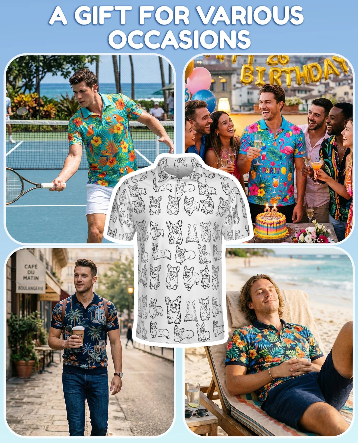 Corgi Pattern Polo Shirt for Men – Cute Dog Lover Style | Netecom