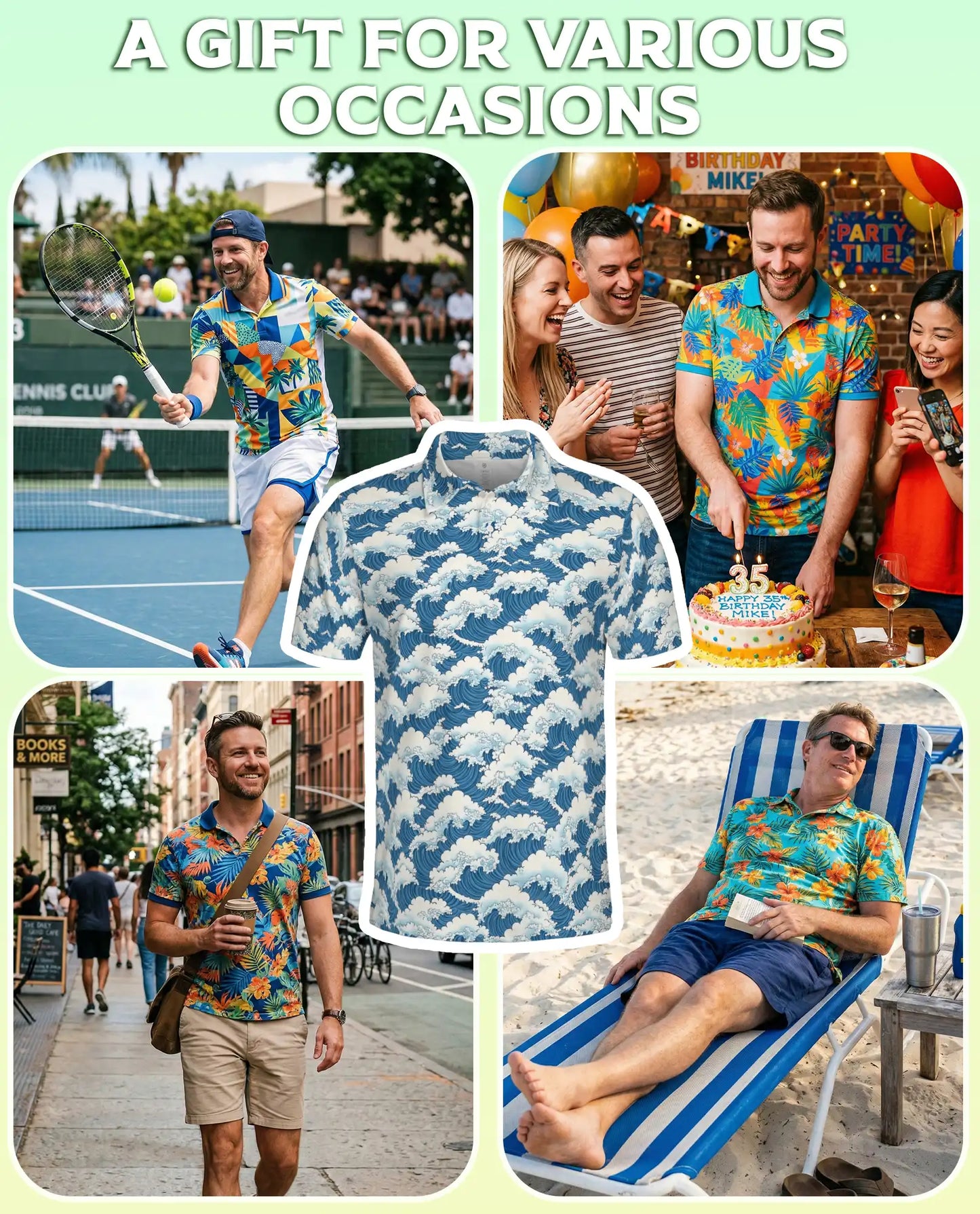Japanese Ocean Wave 3D Polo Shirt for Men – Coastal Minimalist Art Style | Netecom
