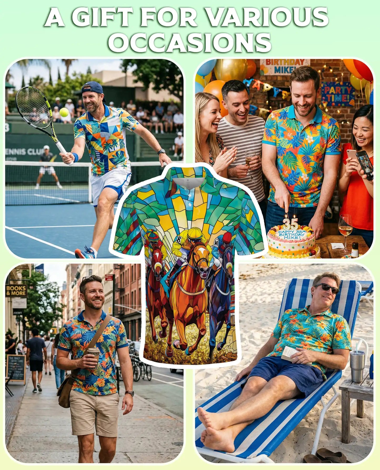 Stained Glass Horse Racing 3D Polo Shirt for Men – Colorful Jockey Derby Style | Netecom