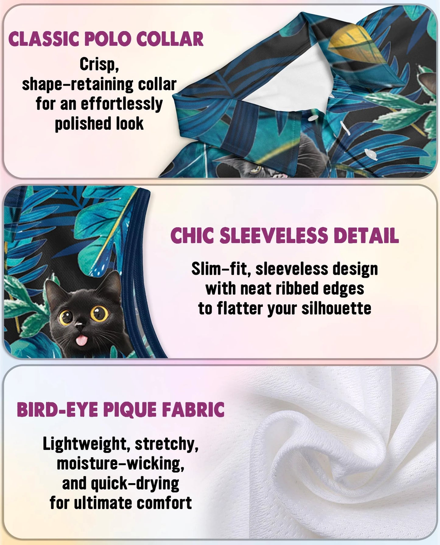 Black Cat Tropical Leaf Sleeveless Polo Shirt for Women | Netecom