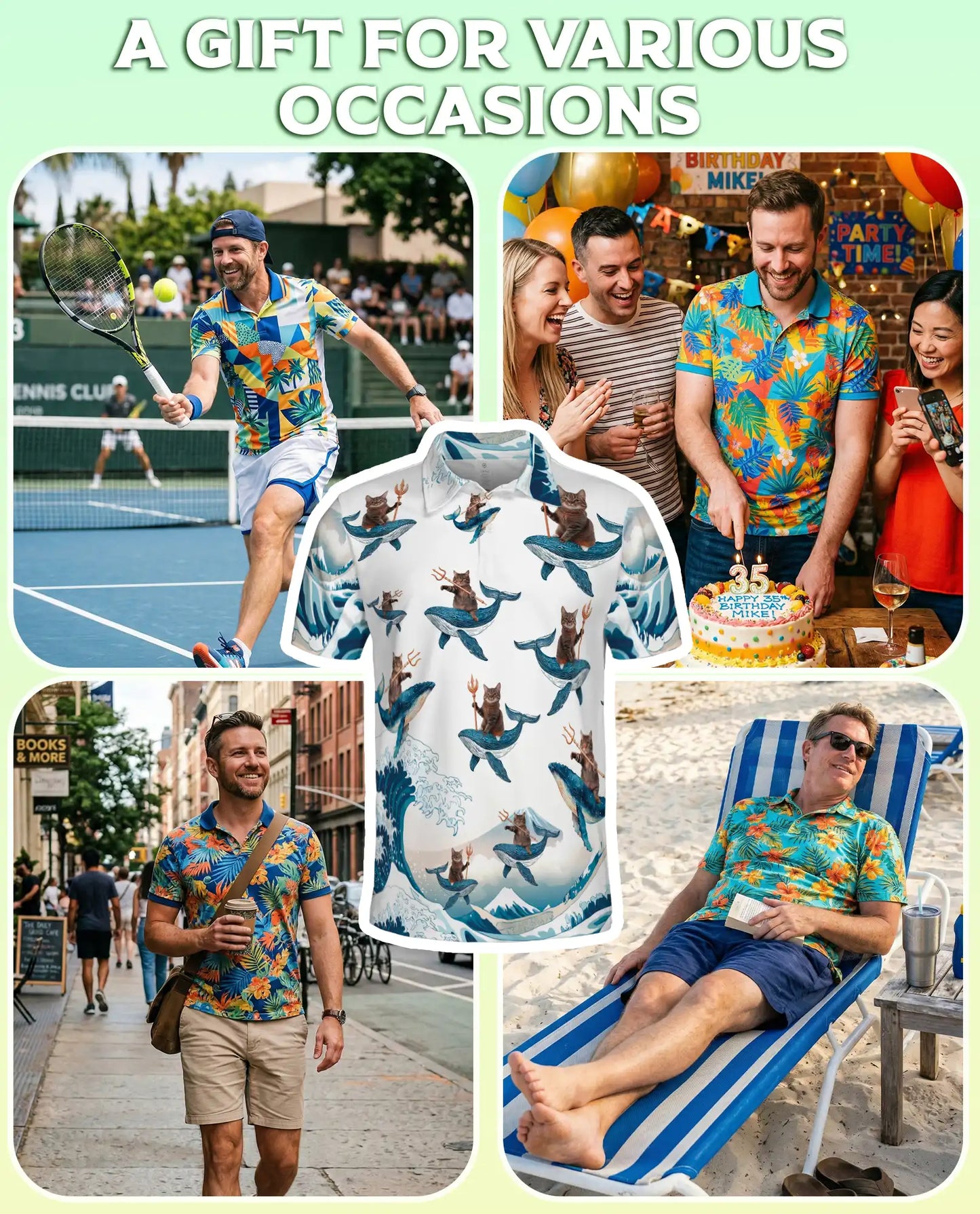 Funny Cat Riding Whale 3D Polo Shirt for Men – Ocean Fantasy Animal Style | Netecom