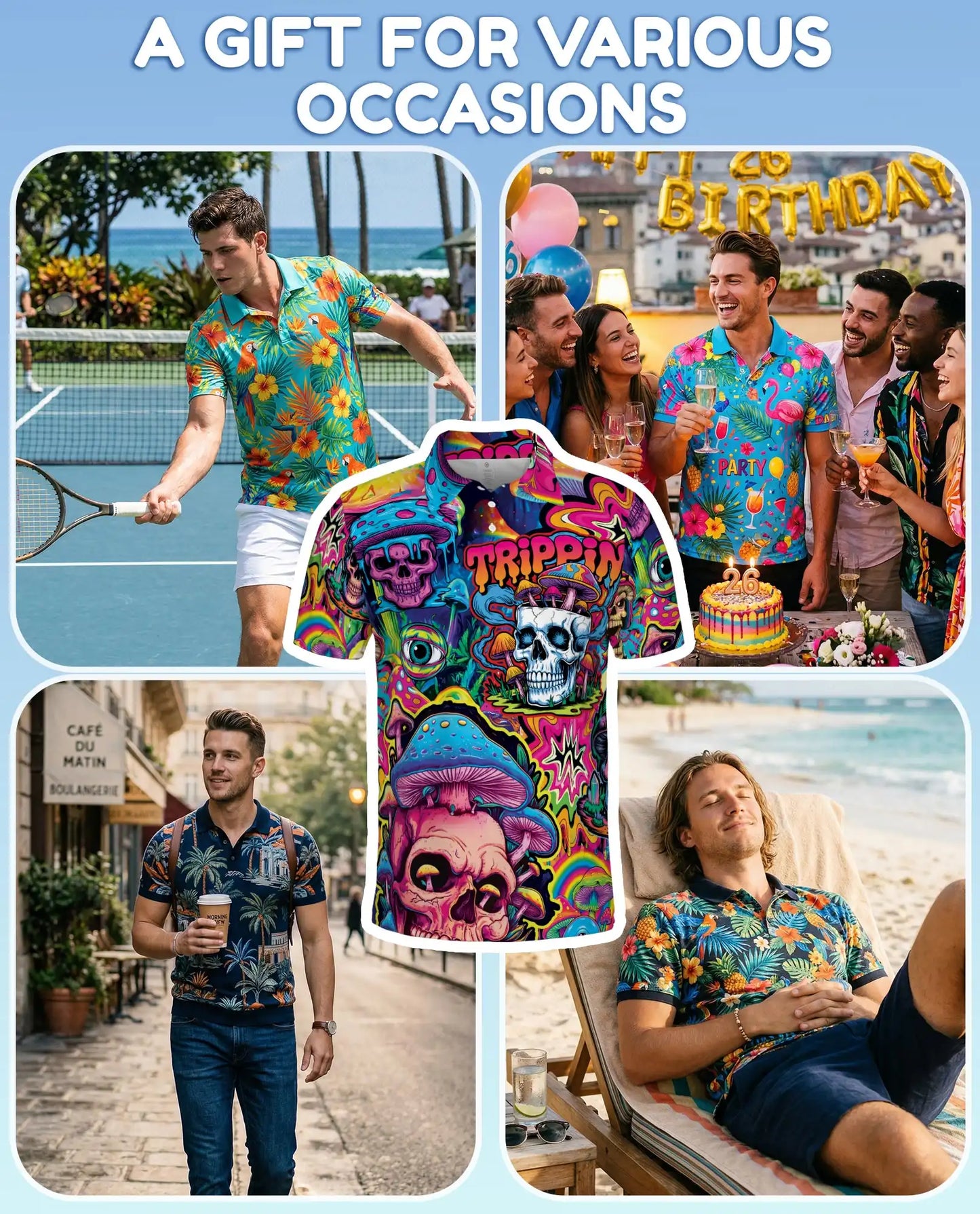 Trippy Psychedelic Skull Polo Shirt for Men – Colorful Mushroom Art | Netecom