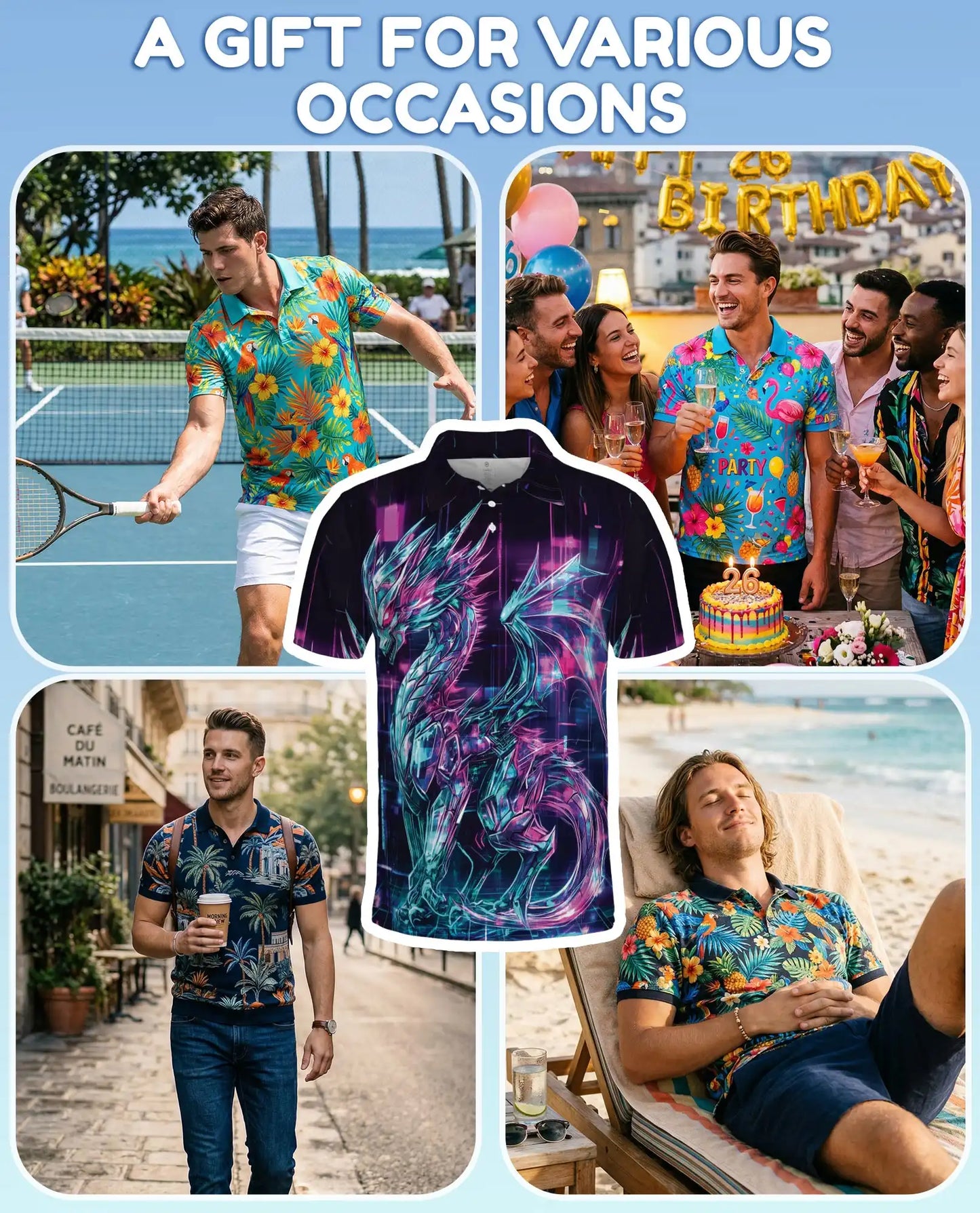 Cyber Dragon Polo Shirt for Men - Neon Fantasy Art | Netecom